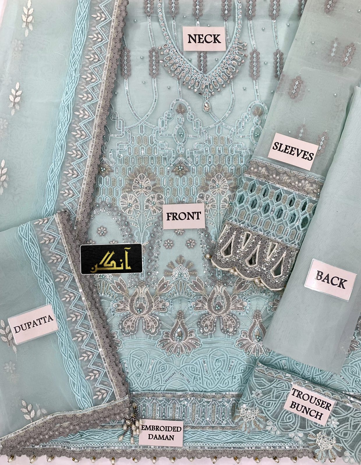 Organza embroidered cutwork adda work luxury unstitched 3pc✓