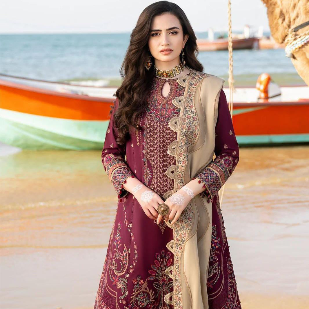 embroidered luxury cotton unstitced 3pc✓