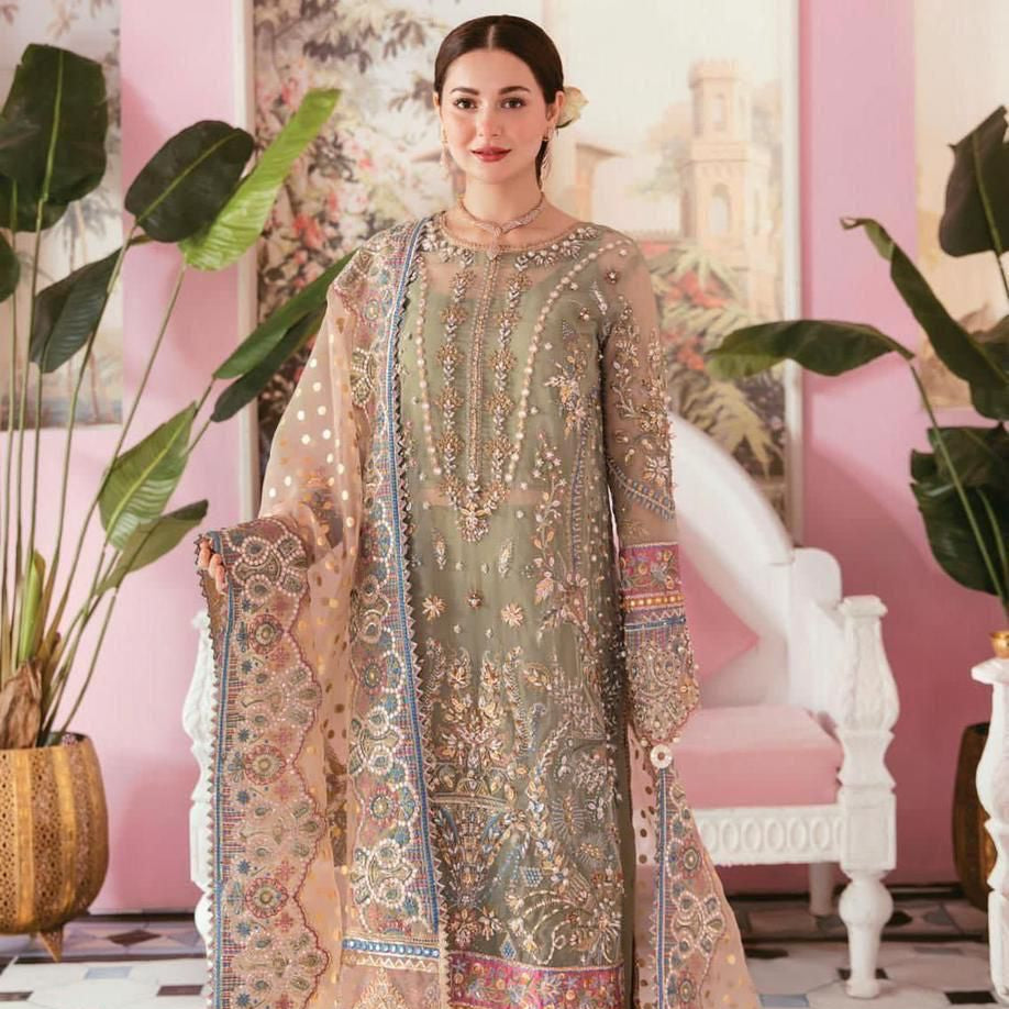 organza embroidered &amp; sequence luxury unstiched 3pc✓