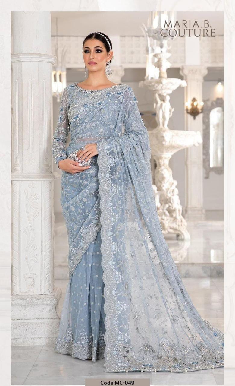 net saree embroidered hand embellished luxury unstitched 3pc®✓