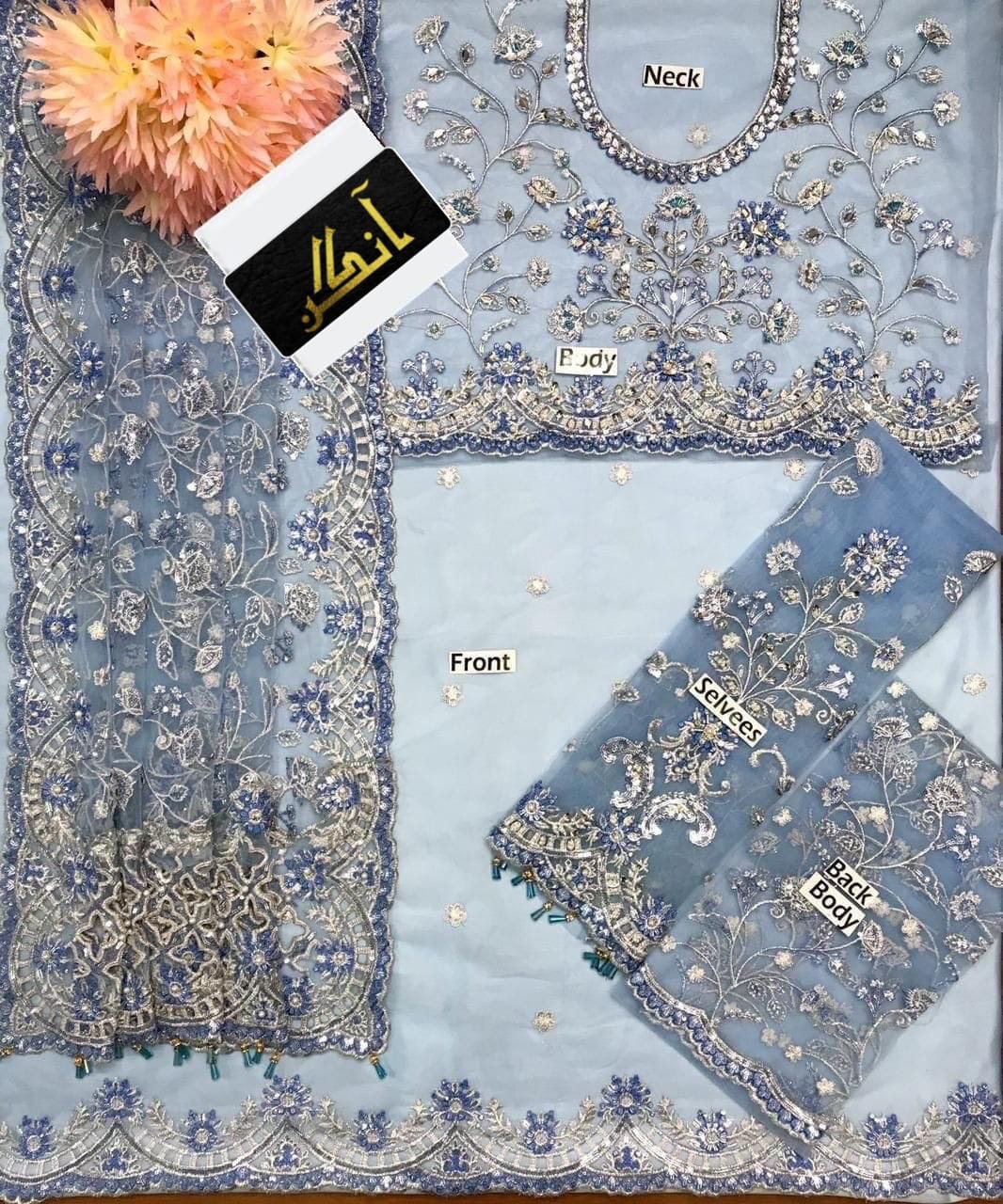 net saree embroidered hand embellished luxury unstitched 3pc®✓