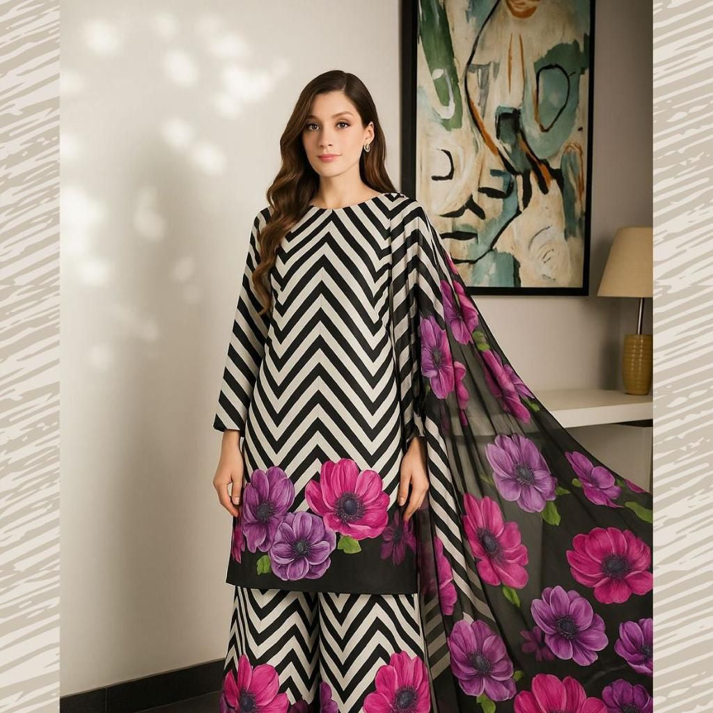 Silk printed unstitched 3 piece dress