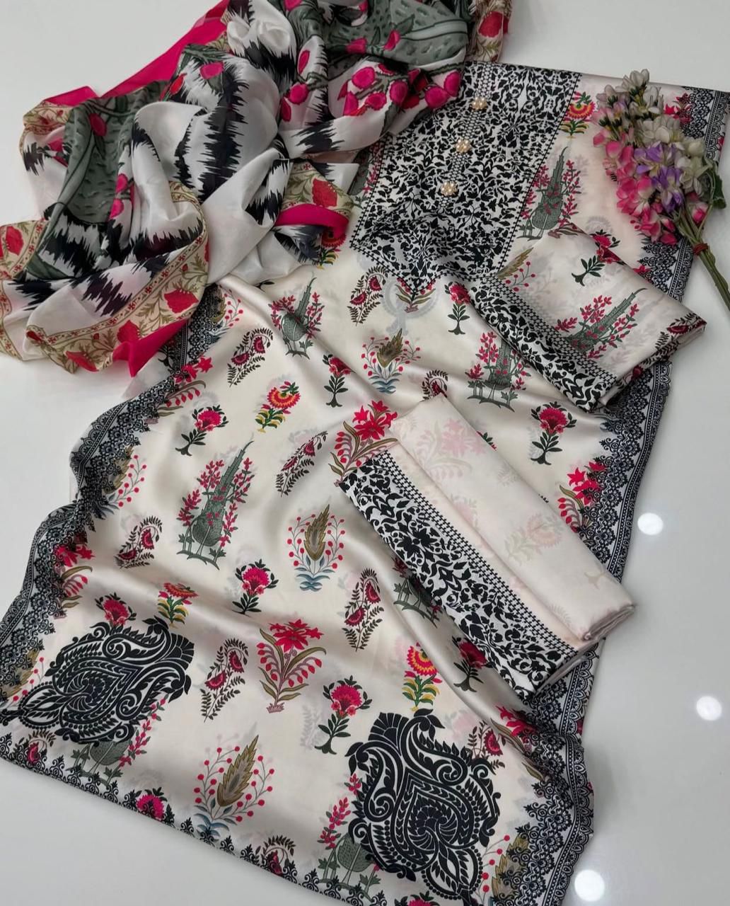 Silk printed unstitched 3 piece dress