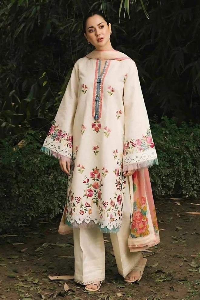 Linen embroidered unstitched 3 piece dress