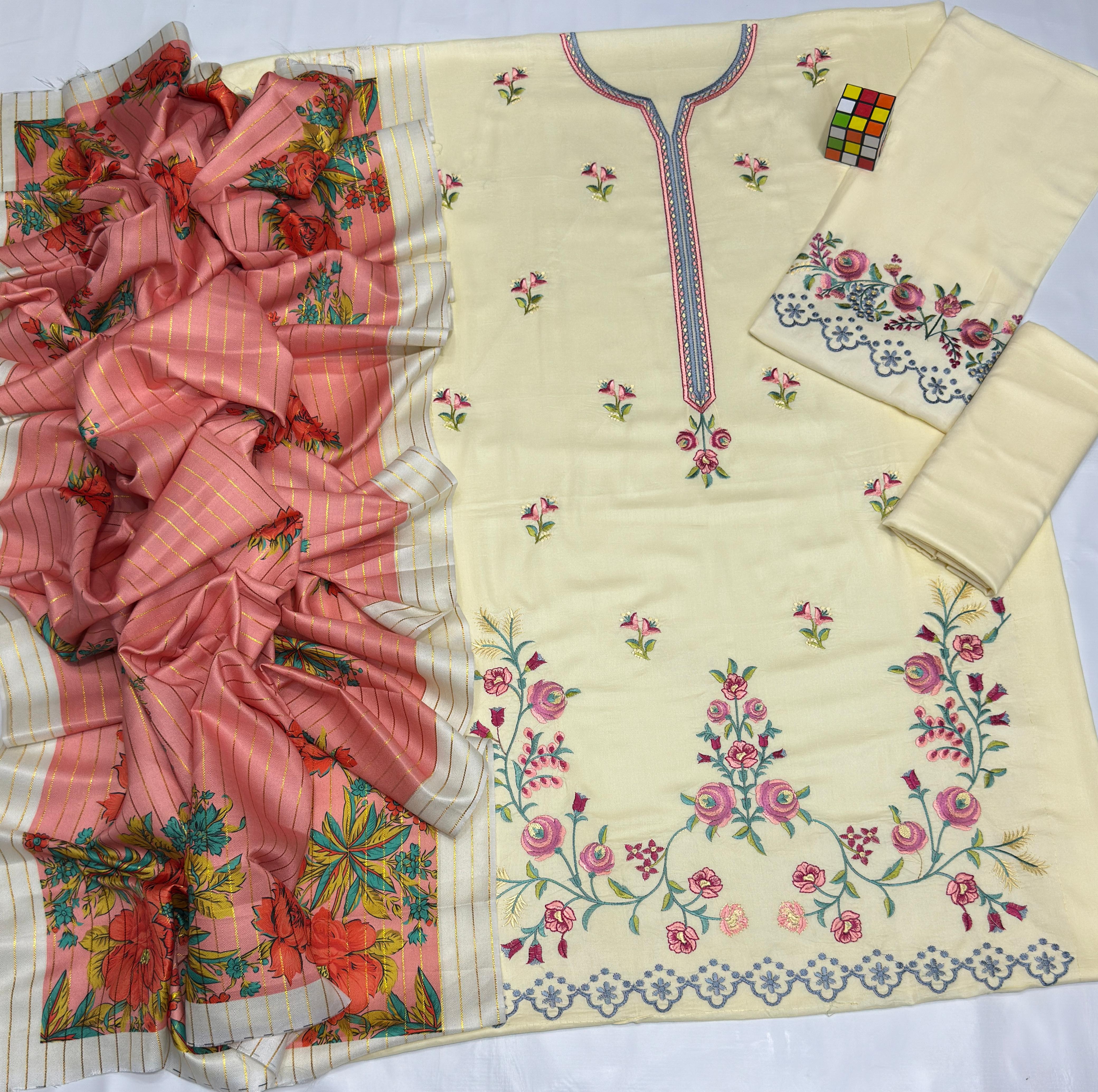 Linen embroidered unstitched 3 piece dress
