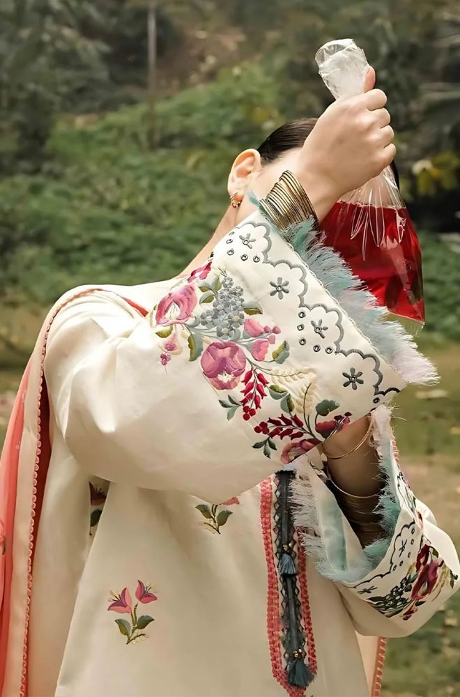 Linen embroidered unstitched 3 piece dress