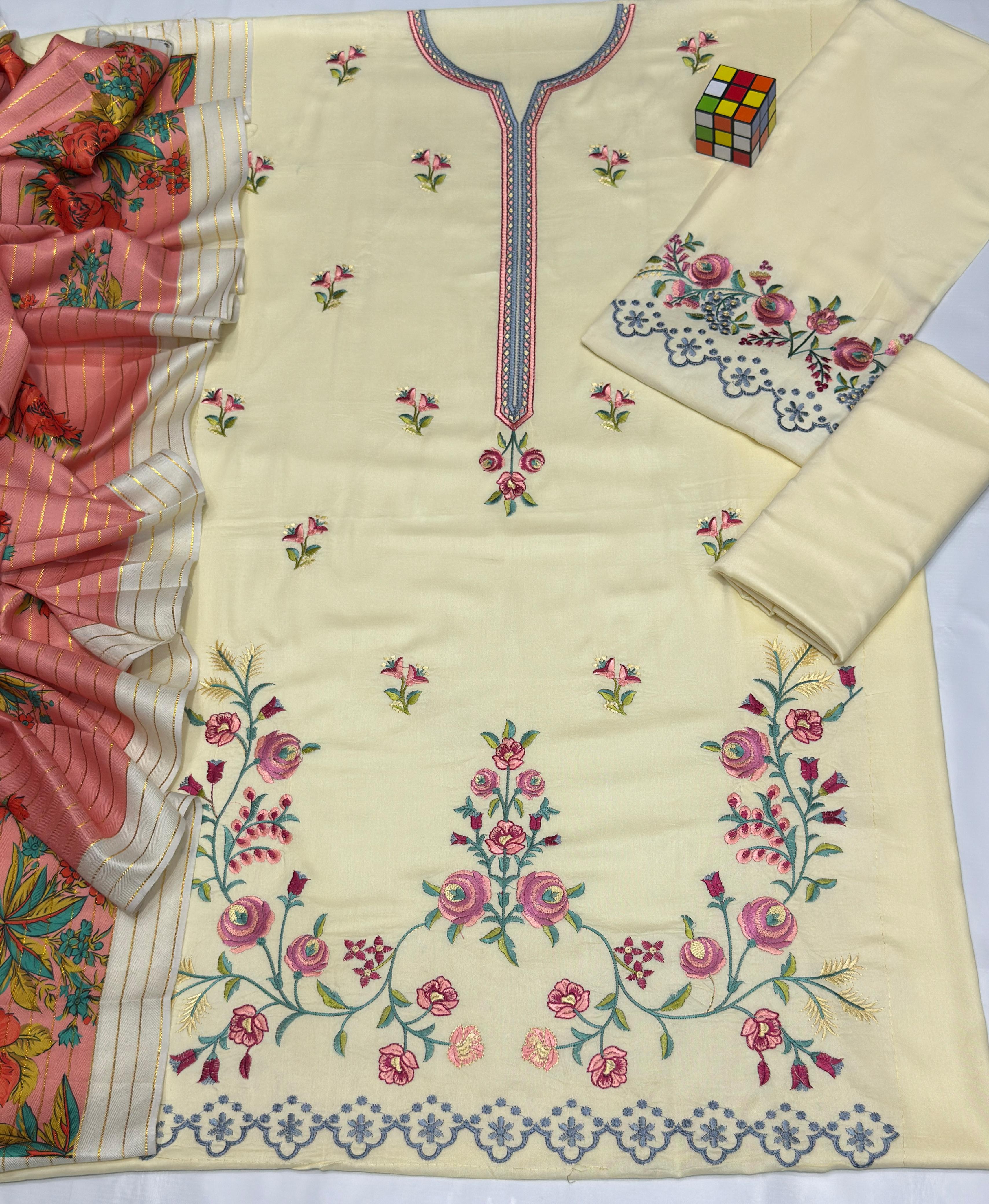 Linen embroidered unstitched 3 piece dress