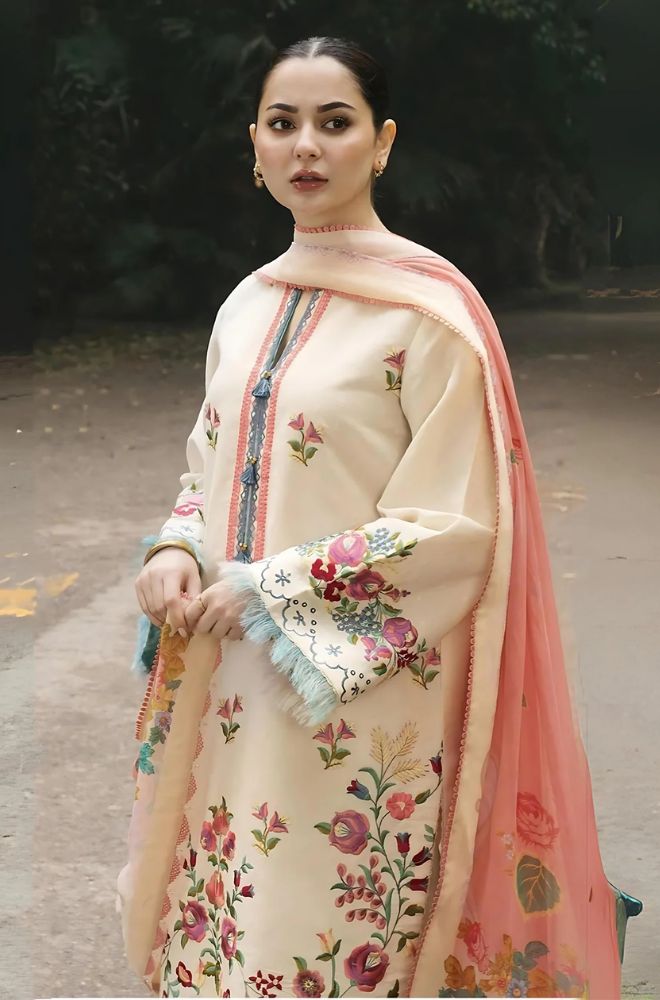 Linen embroidered unstisched 3 piece dress