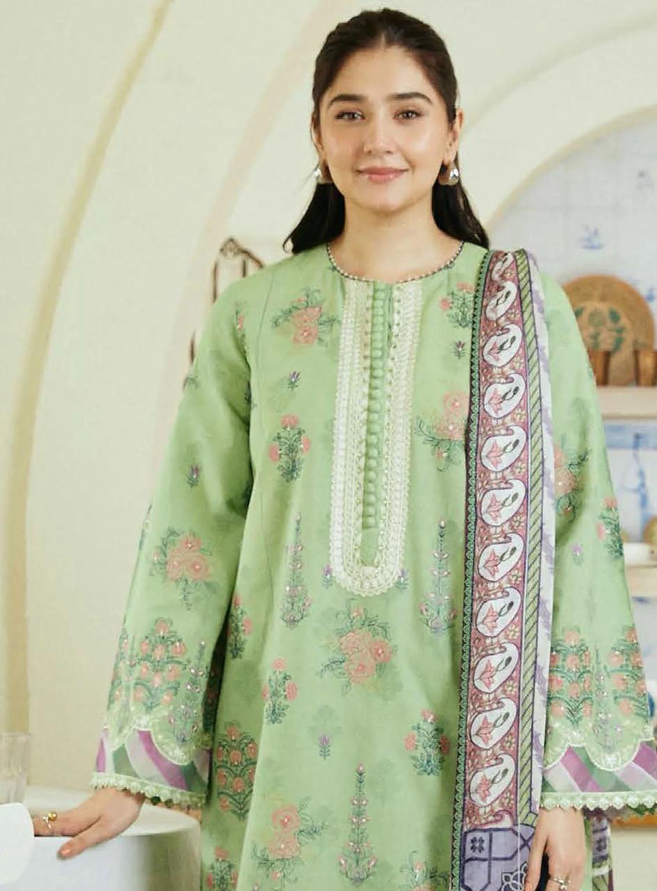 Linen embroidered unstitched 3 piece dress