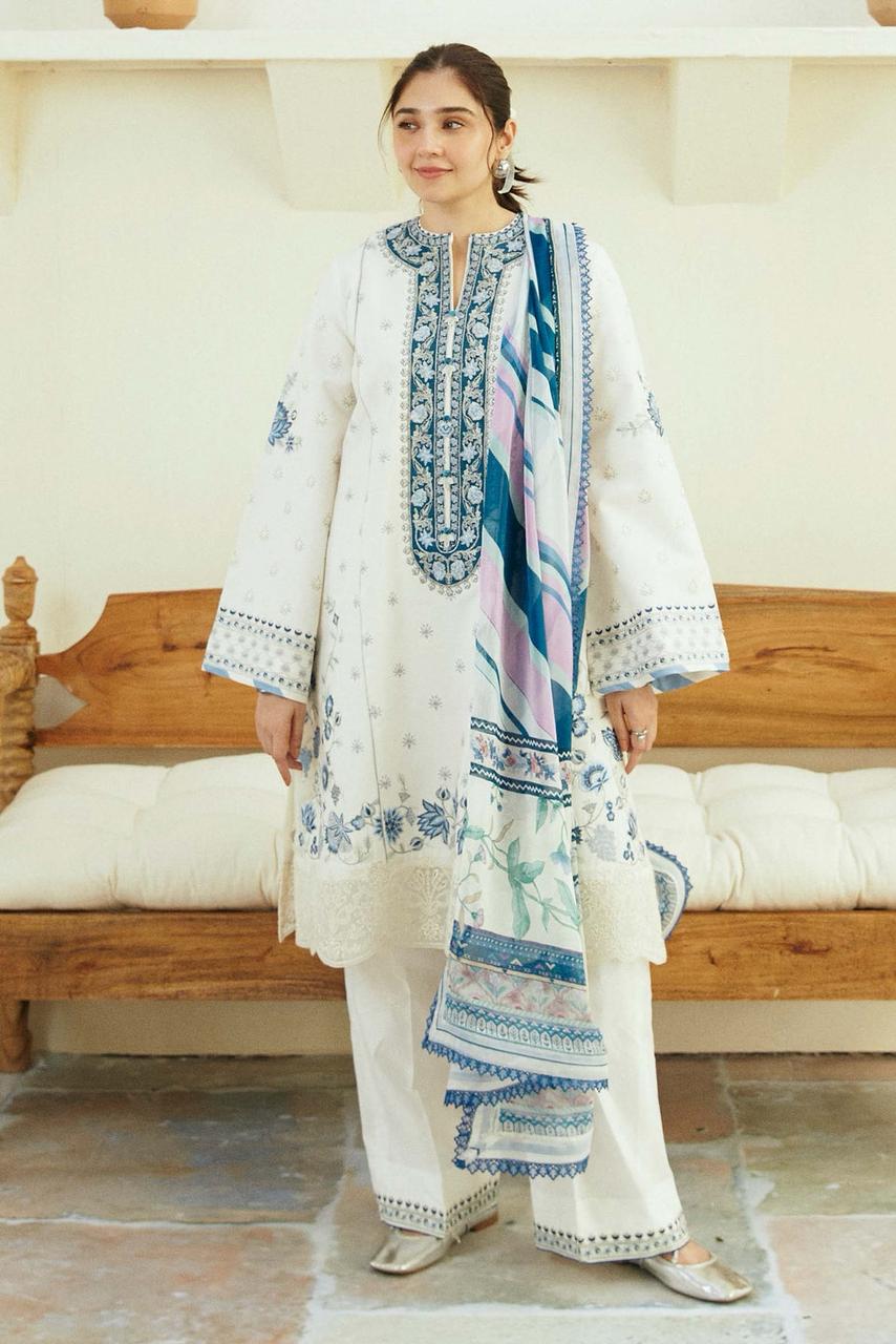 Linen embroidered unstitched 3 piece dress