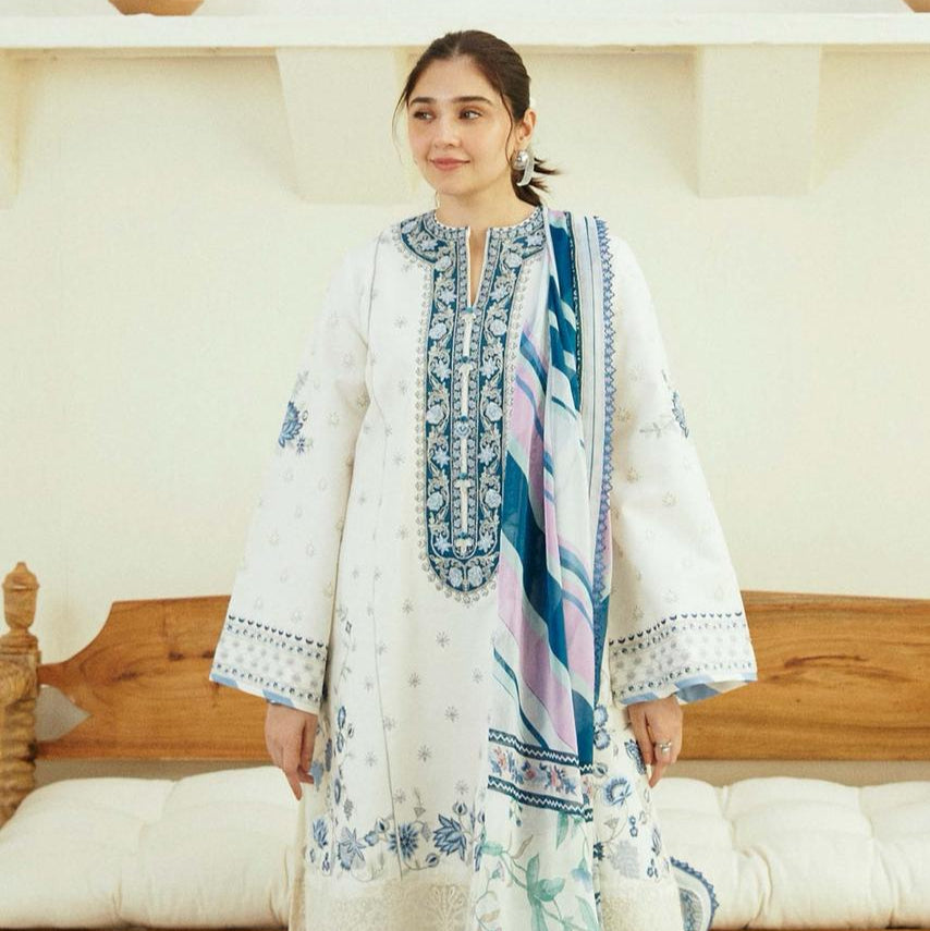 Linen embroidered unstitched 3 piece dress