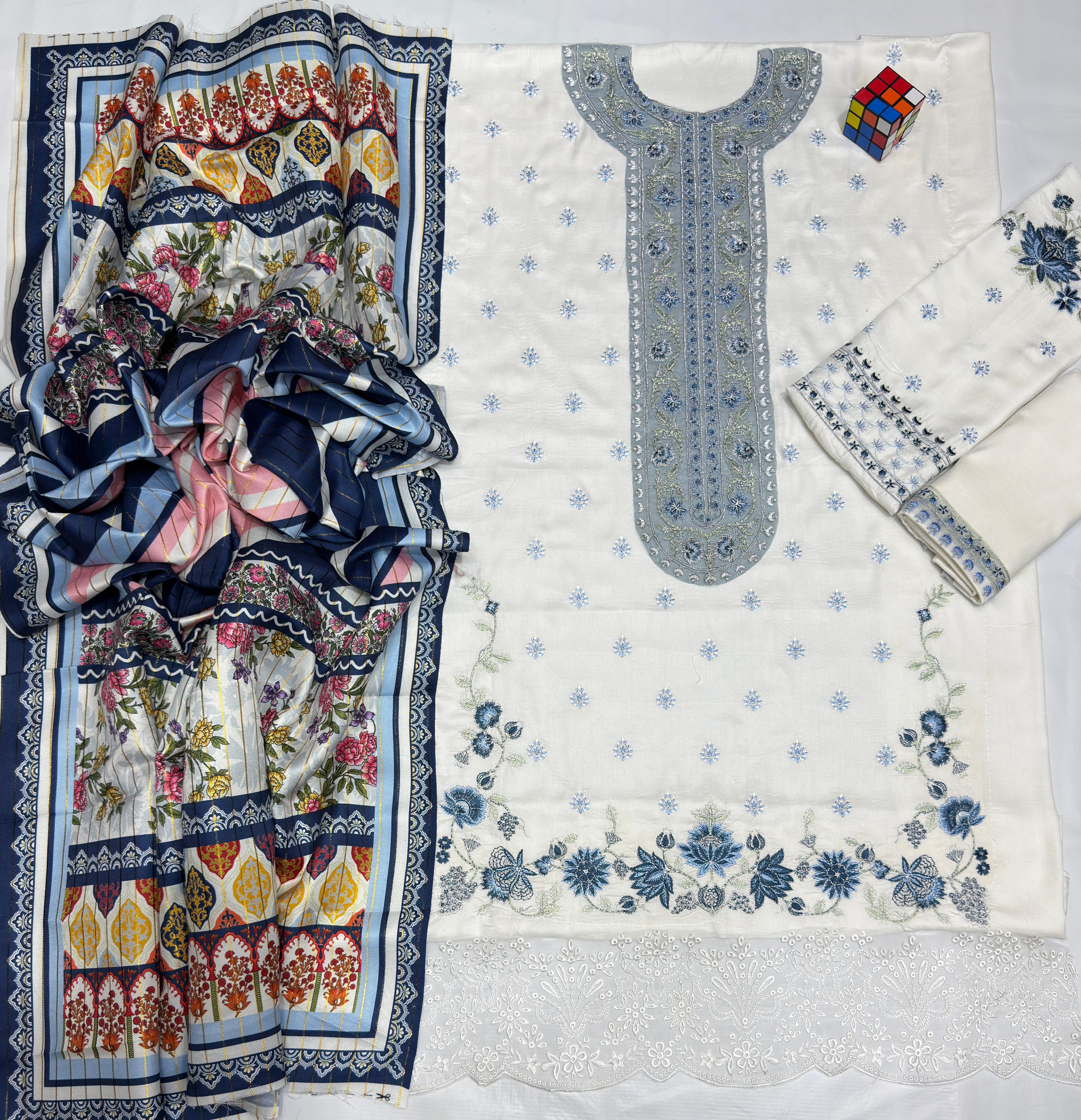 Linen embroidered unstitched 3 piece dress