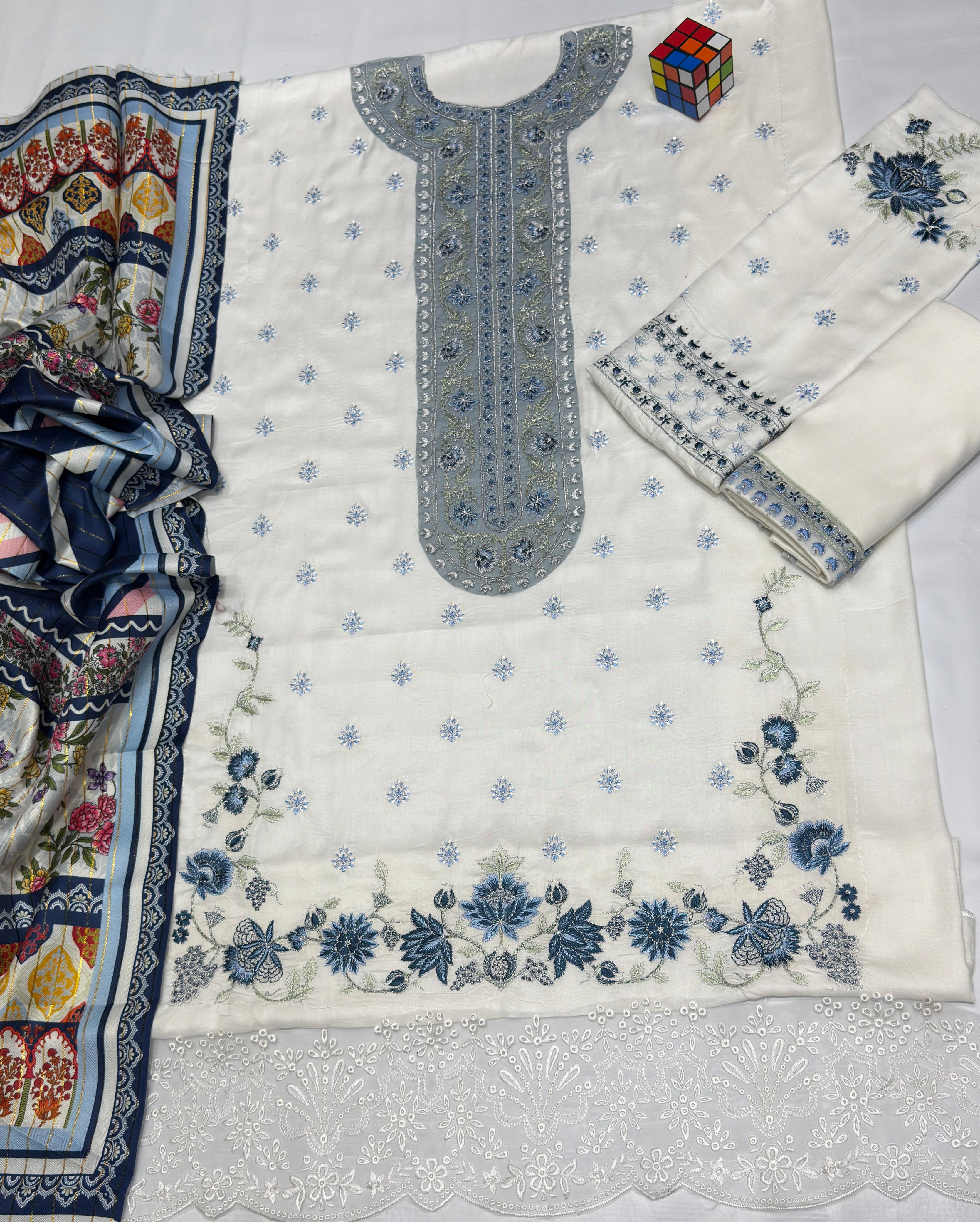 Linen embroidered unstitched 3 piece dress