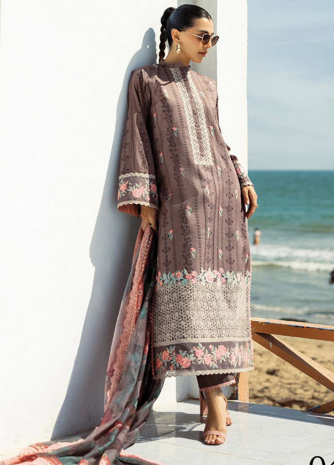 Linen embroidered unstitched 3 piece dress