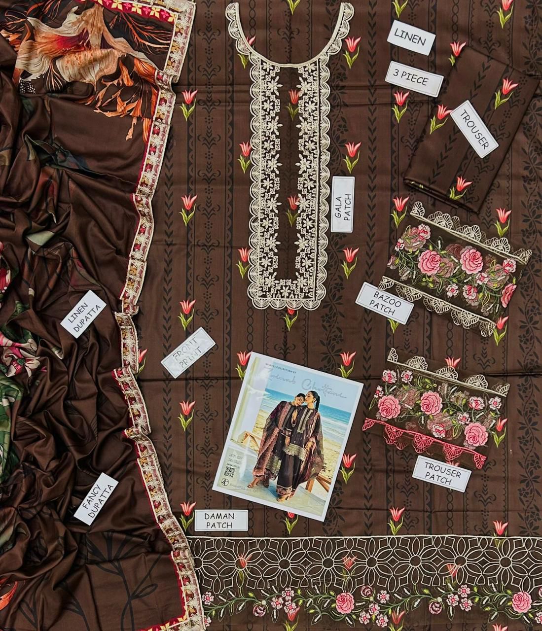 Linen embroidered unstitched 3 piece dress