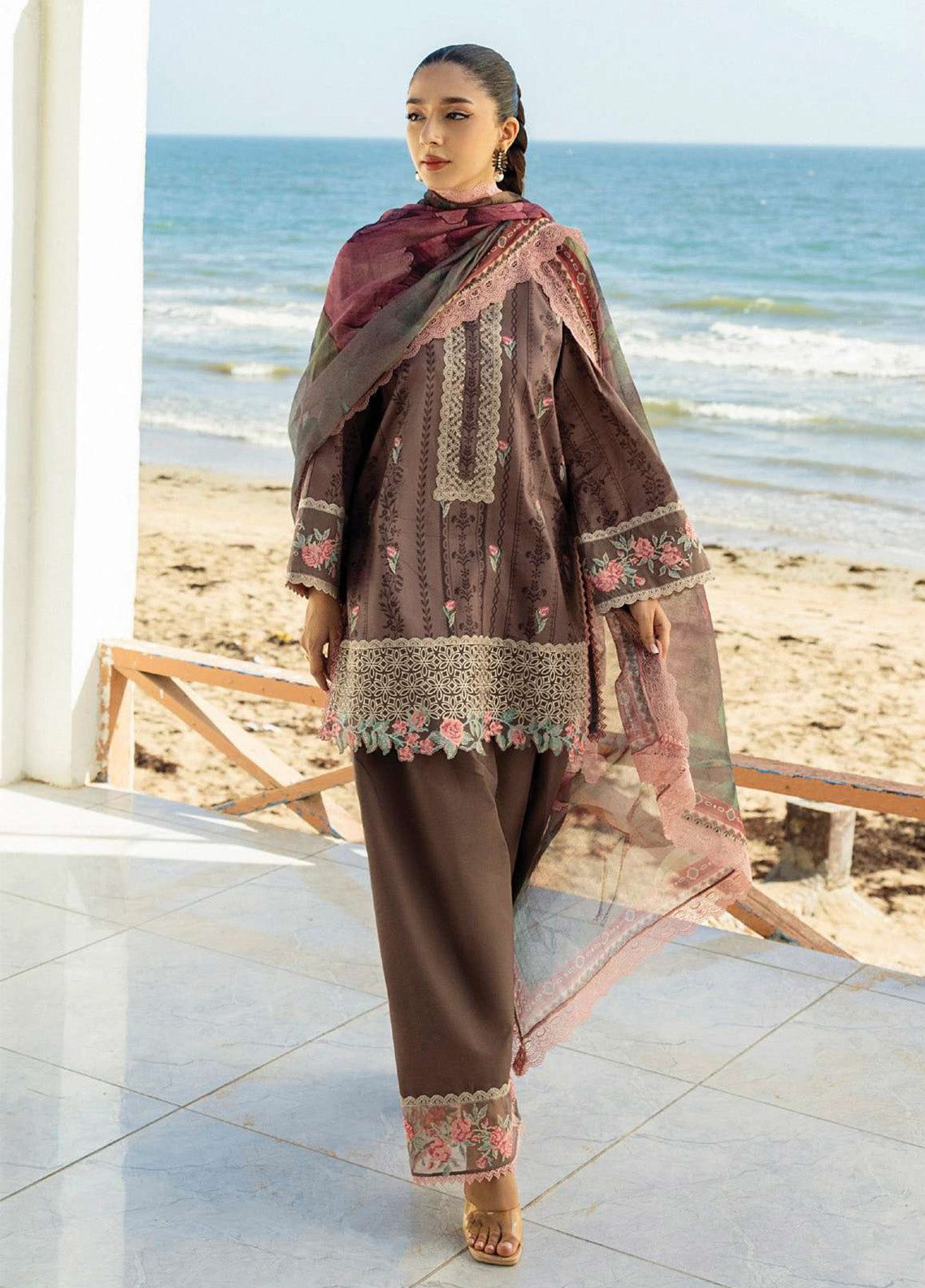 Linen embroidered unstitched 3 piece dress