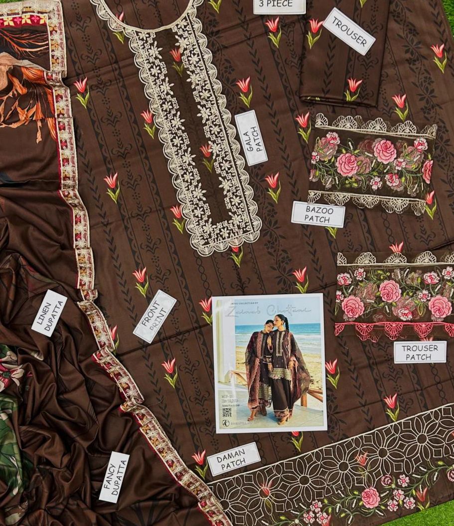 Linen embroidered unstitched 3 piece dress