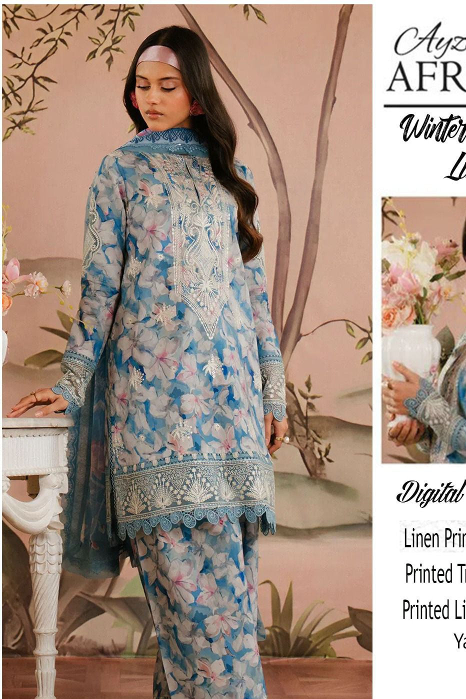 Linen embroidered unstitched 3 piece dress