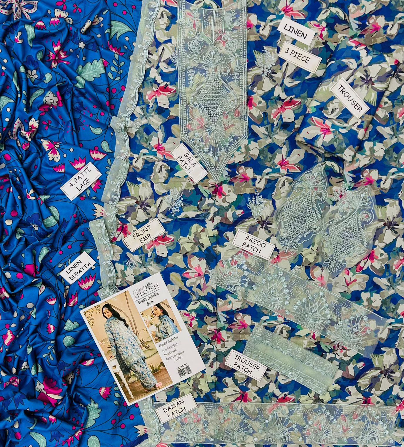 Linen embroidered unstitched 3 piece dress