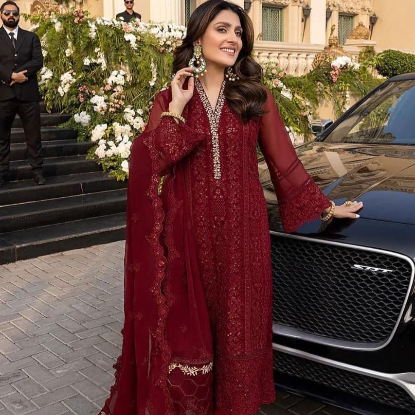 Chiffon embroidered unstitched 3 piece dress