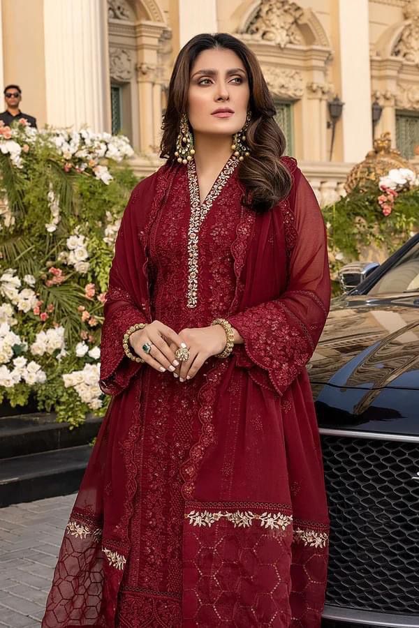 Chiffon embroidered unstitched 3 piece dress