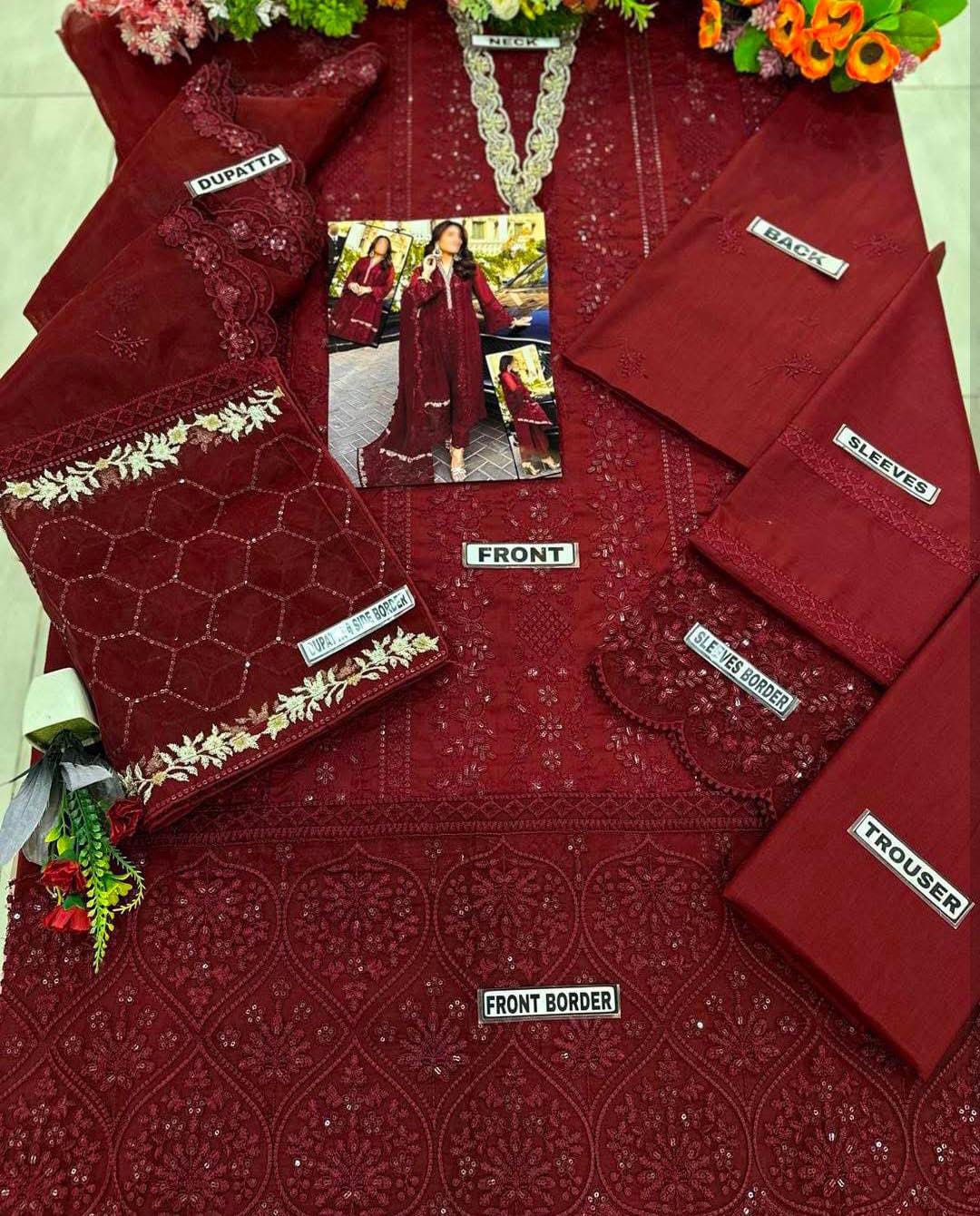 Chiffon embroidered unstitched 3 piece dress