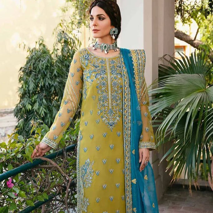 Akbar aslqm organza embroidered sequence moti work formal unstitched 3 piece dress