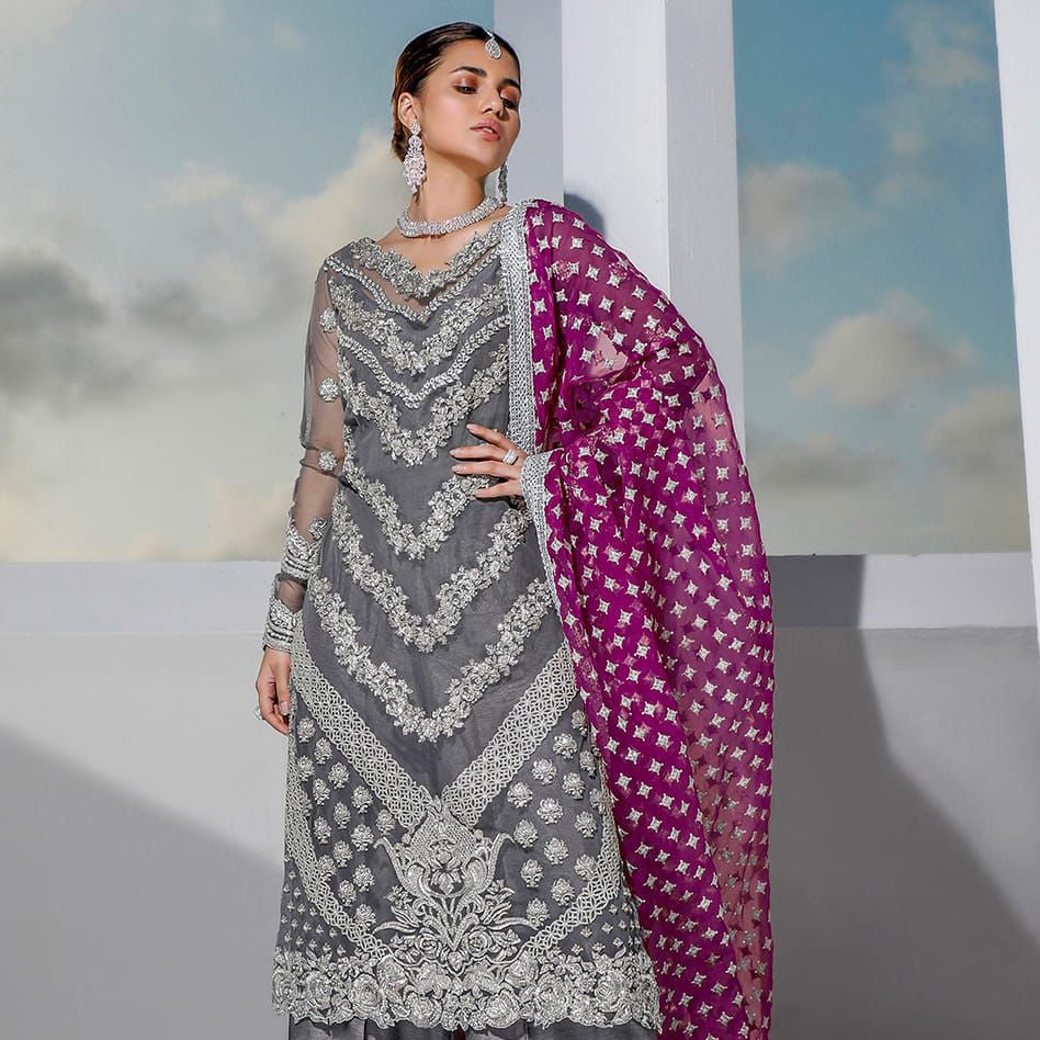 Zainab chotani organza embroidered & sequence unstiched 3 piece dress