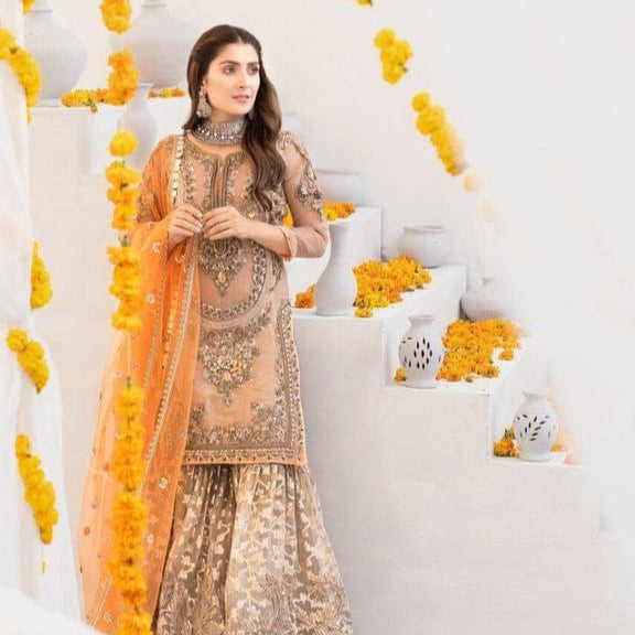 Net masoori embroidered gharara unstitced 3 piece dress