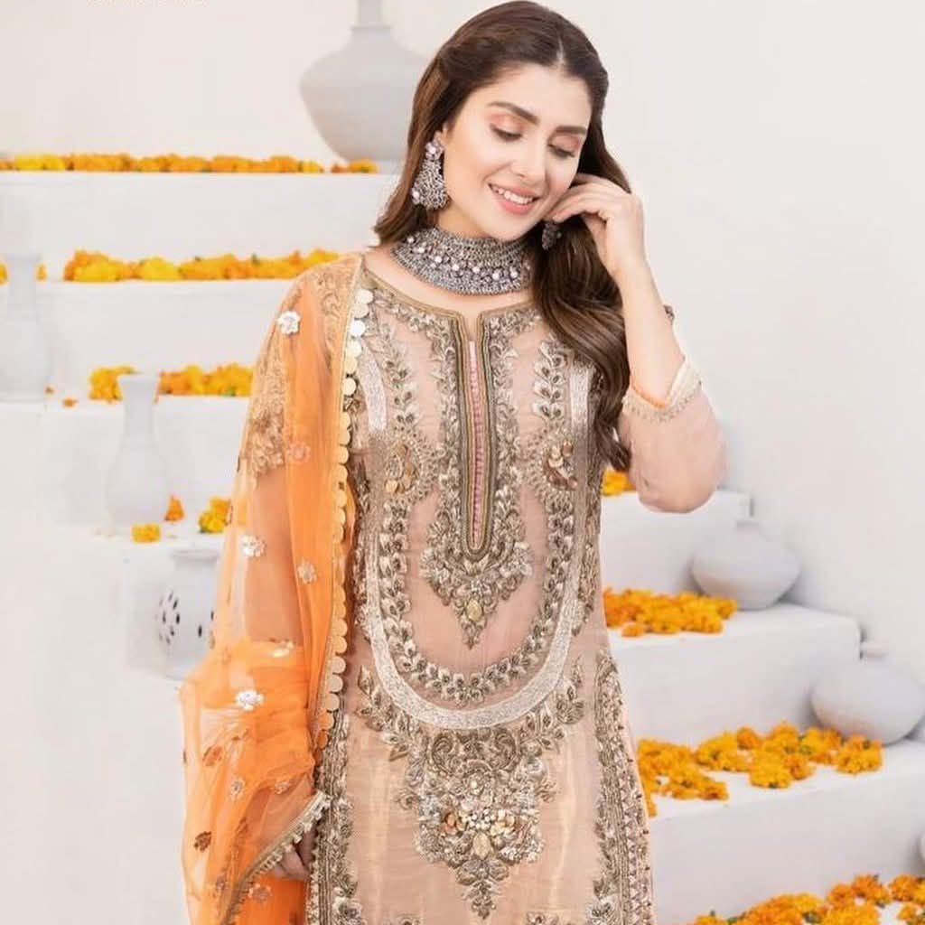 Net masoori embroidered gharara unstitced 3 piece dress