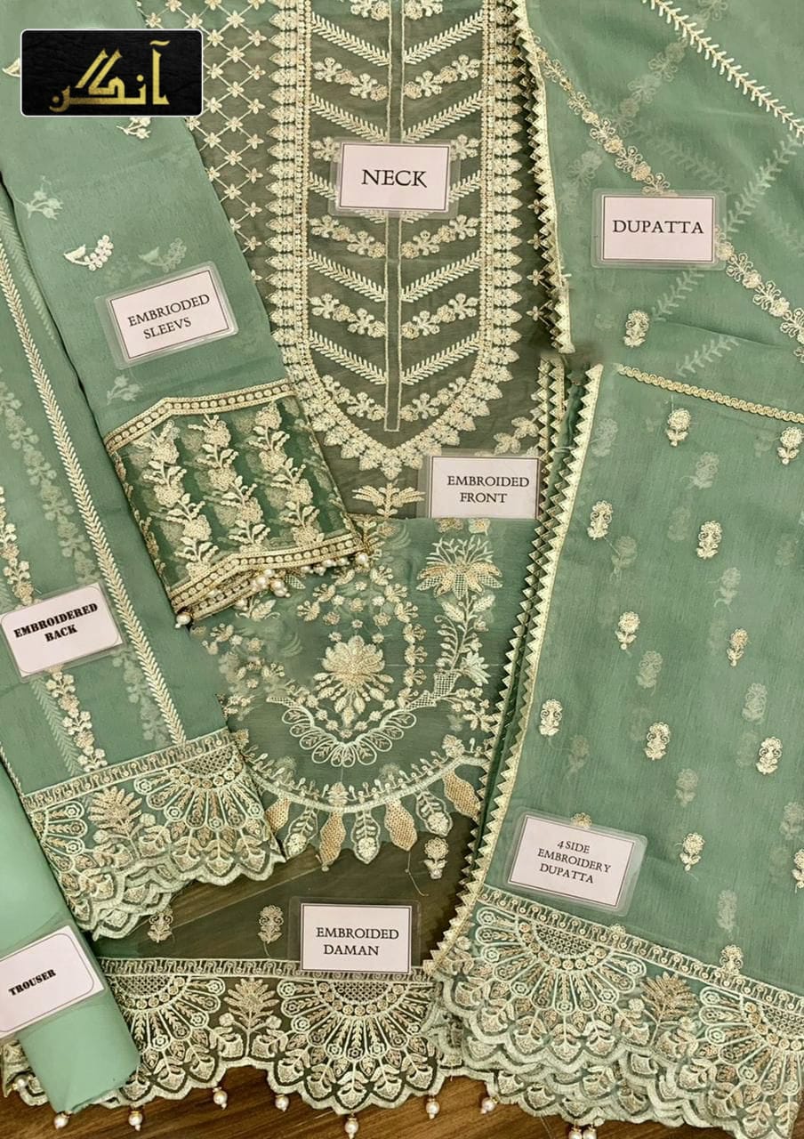 Organza embroidered hand work embellished luxury unstitched 3 piece dress