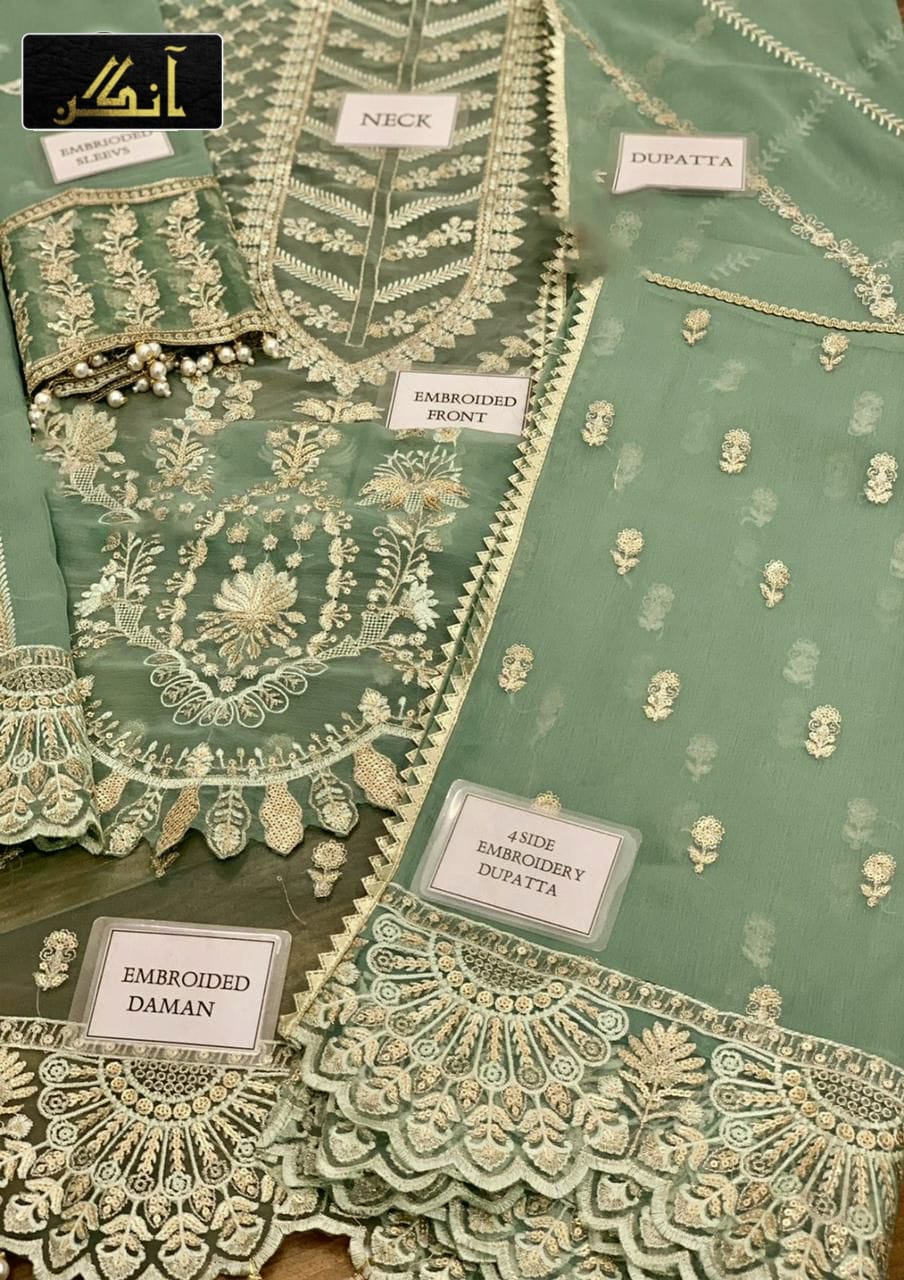 Organza embroidered hand work embellished luxury unstitched 3 piece dress