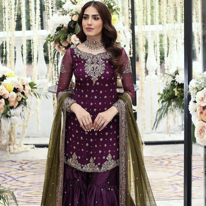 Chiffion embroidered gharara luxury unstitched 3 piece dress