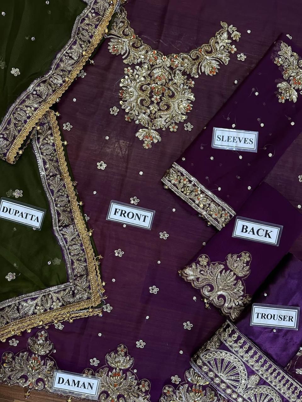 Chiffion embroidered gharara luxury unstitched 3 piece dress