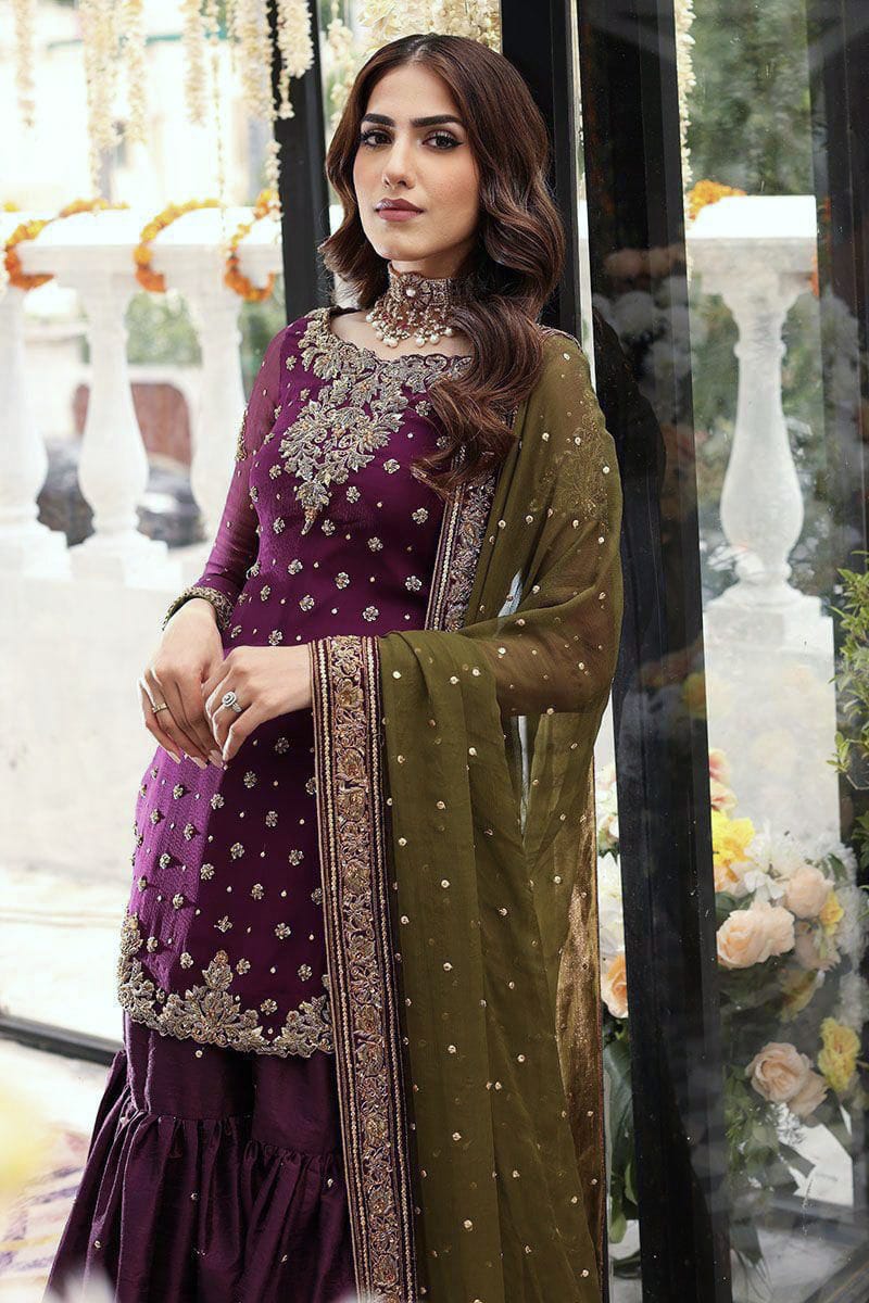 Chiffion embroidered gharara luxury unstitched 3 piece dress