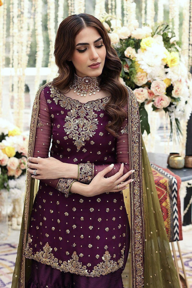 Chiffion embroidered gharara luxury unstitched 3 piece dress