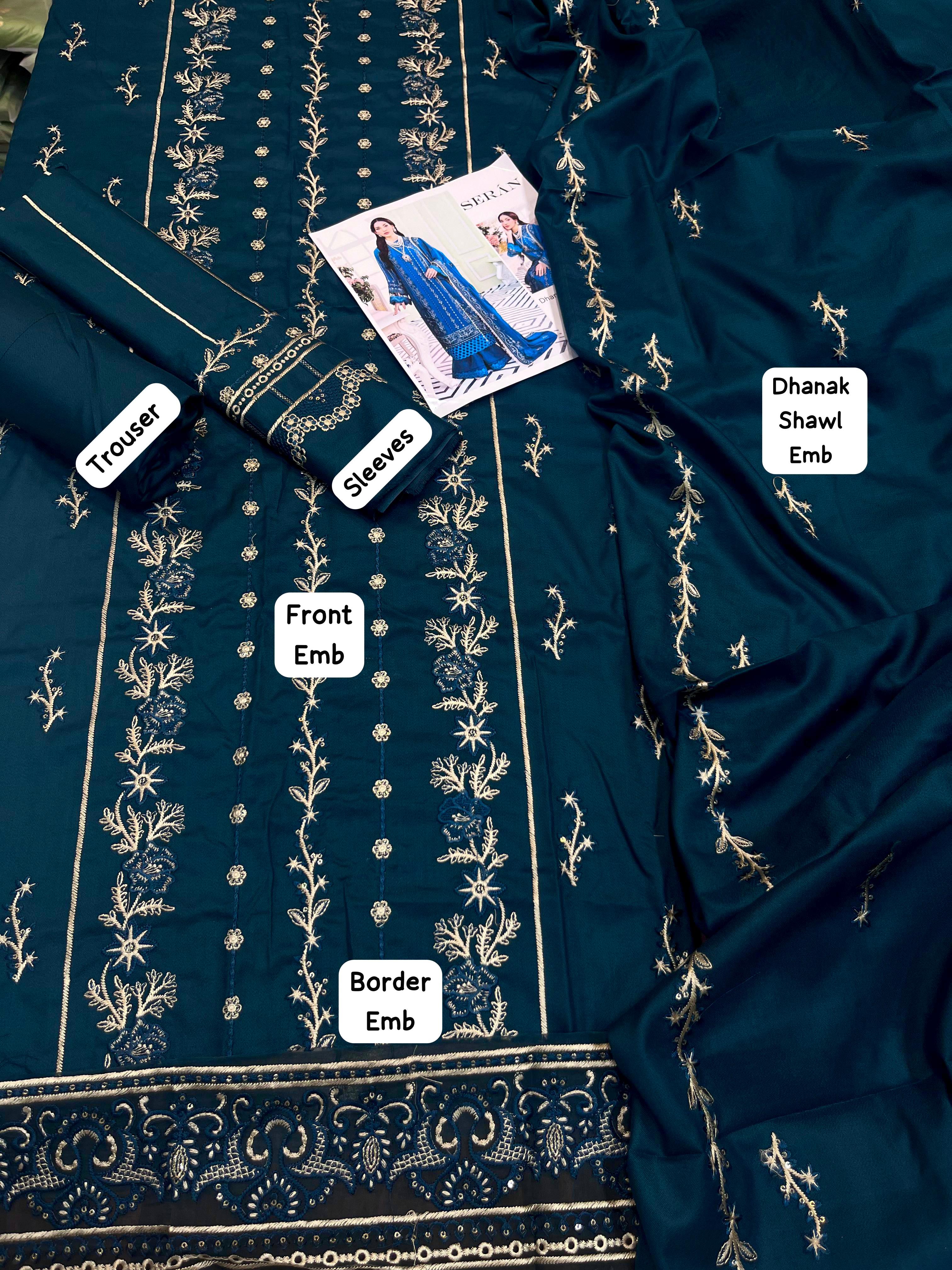 Dhanak embroidered unstitched 3 piece dress