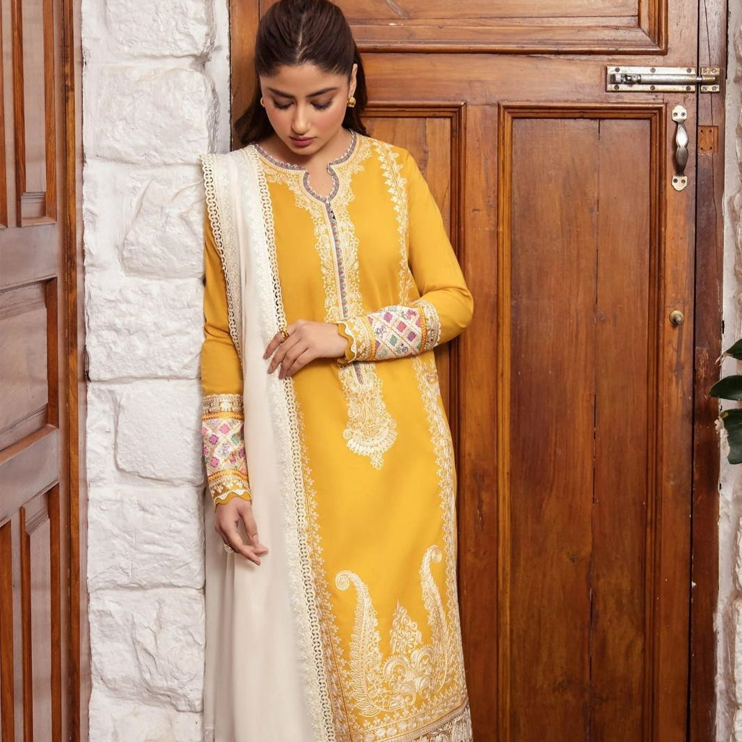 Dhanak embroidered  unstitched 3 piece dress