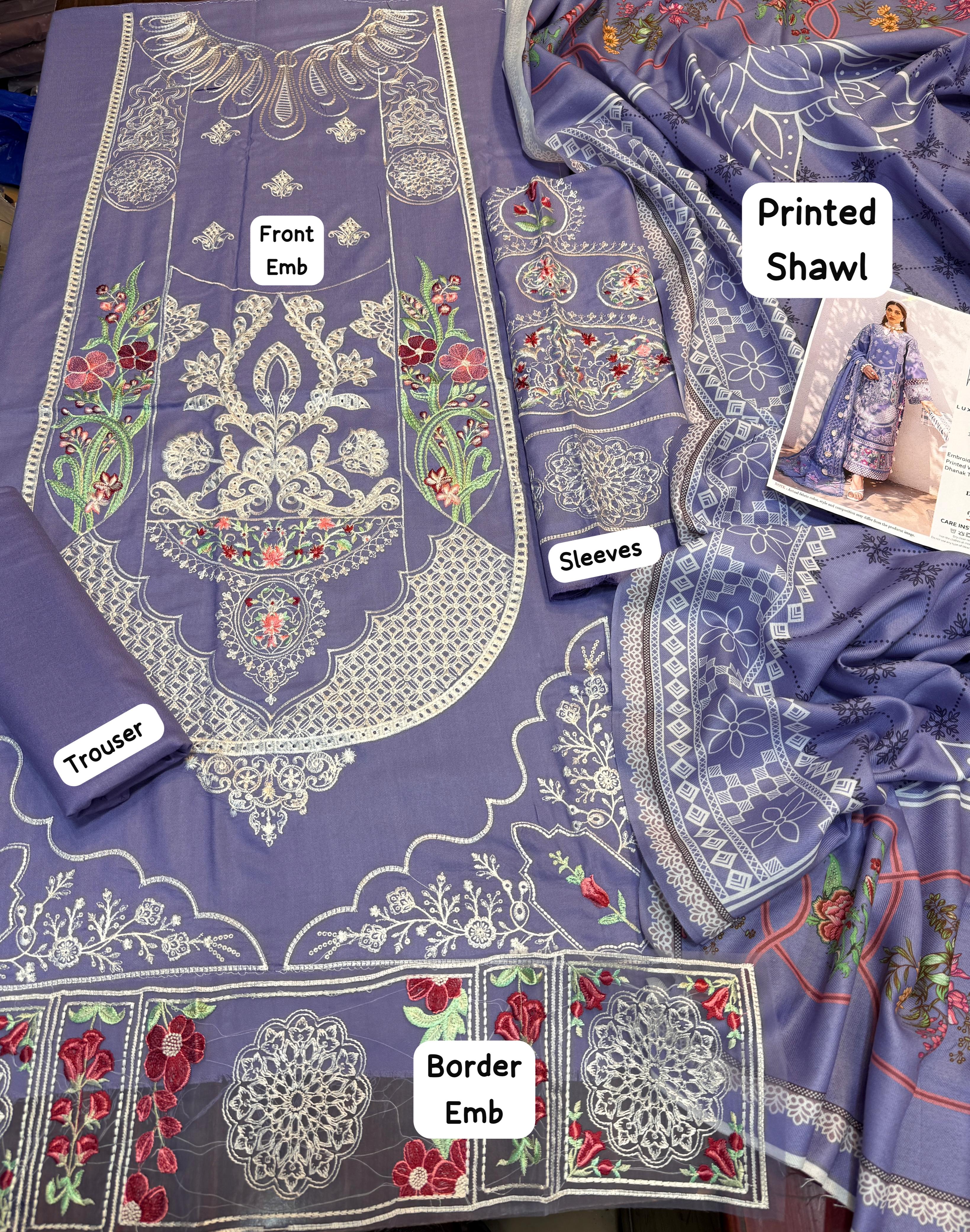 Dhanak embroidered unstitched 3 piece dress