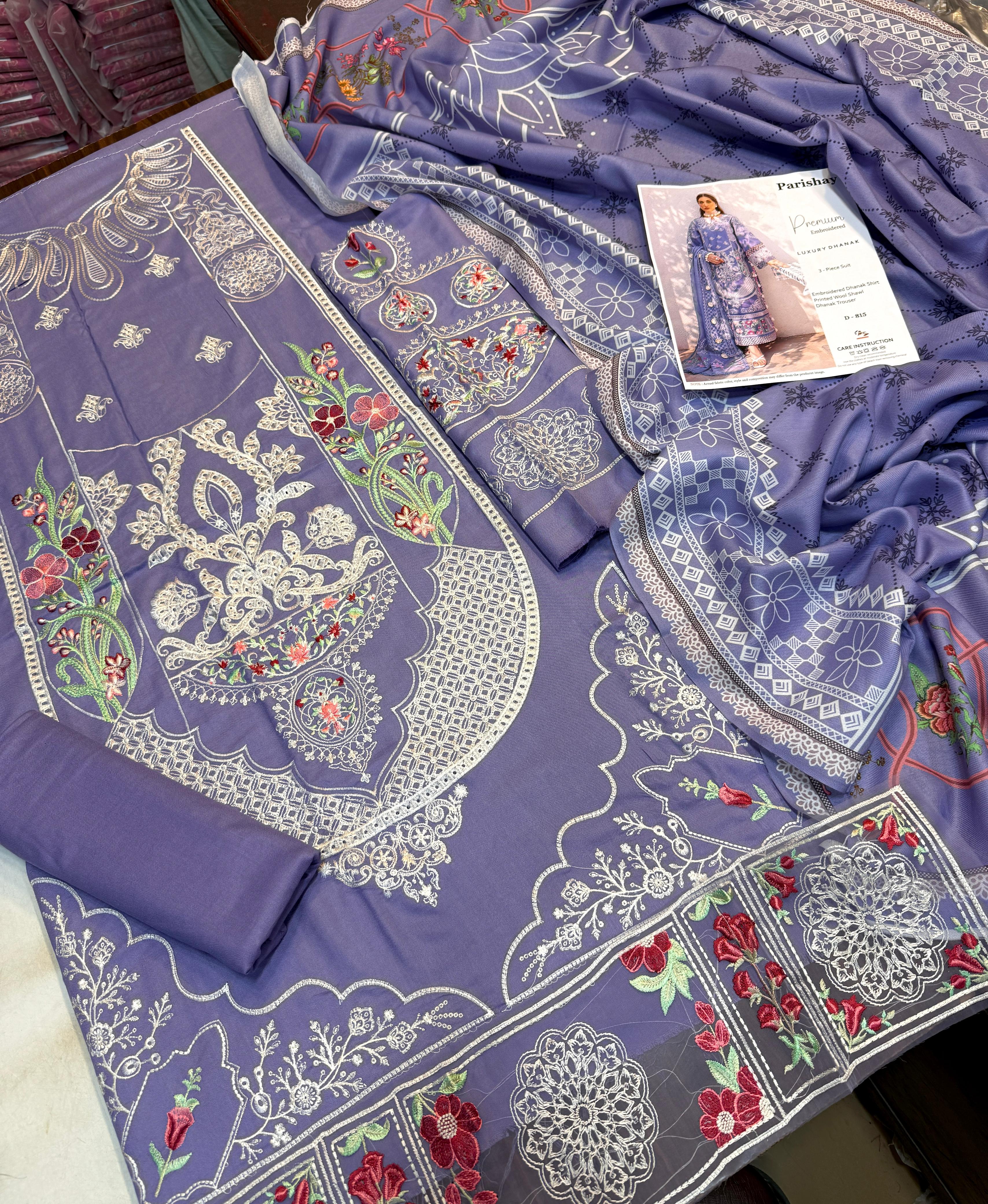 Dhanak embroidered unstitched 3 piece dress