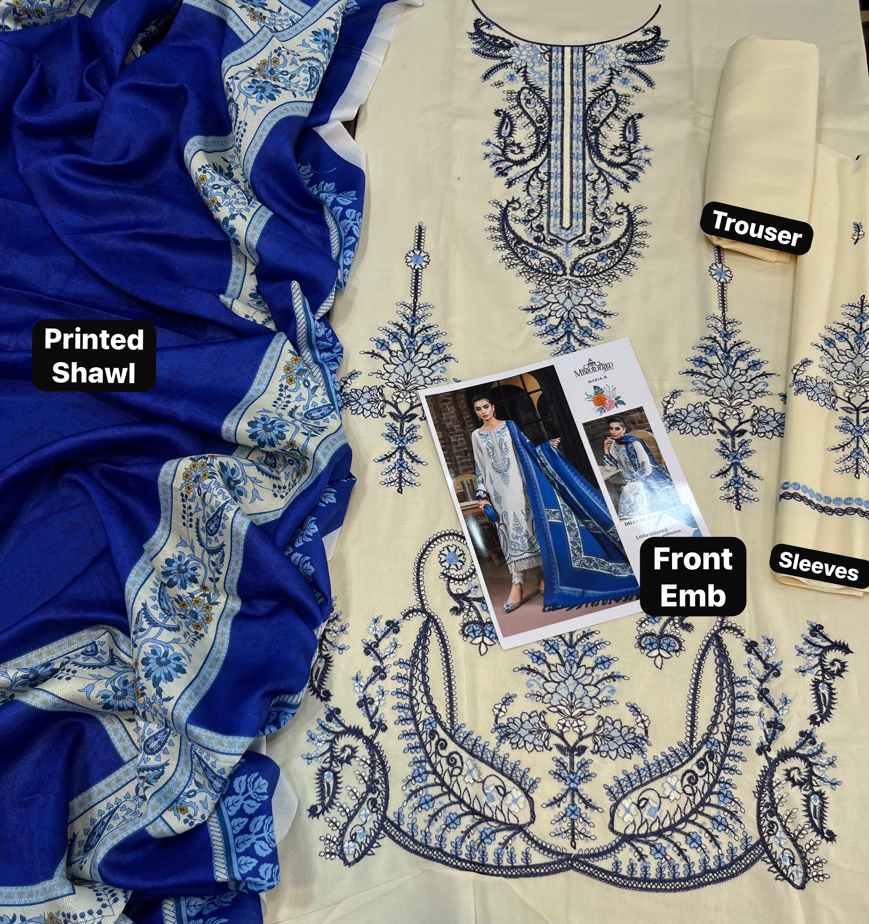 Dhanak embroidered unstitched 3 piece dress