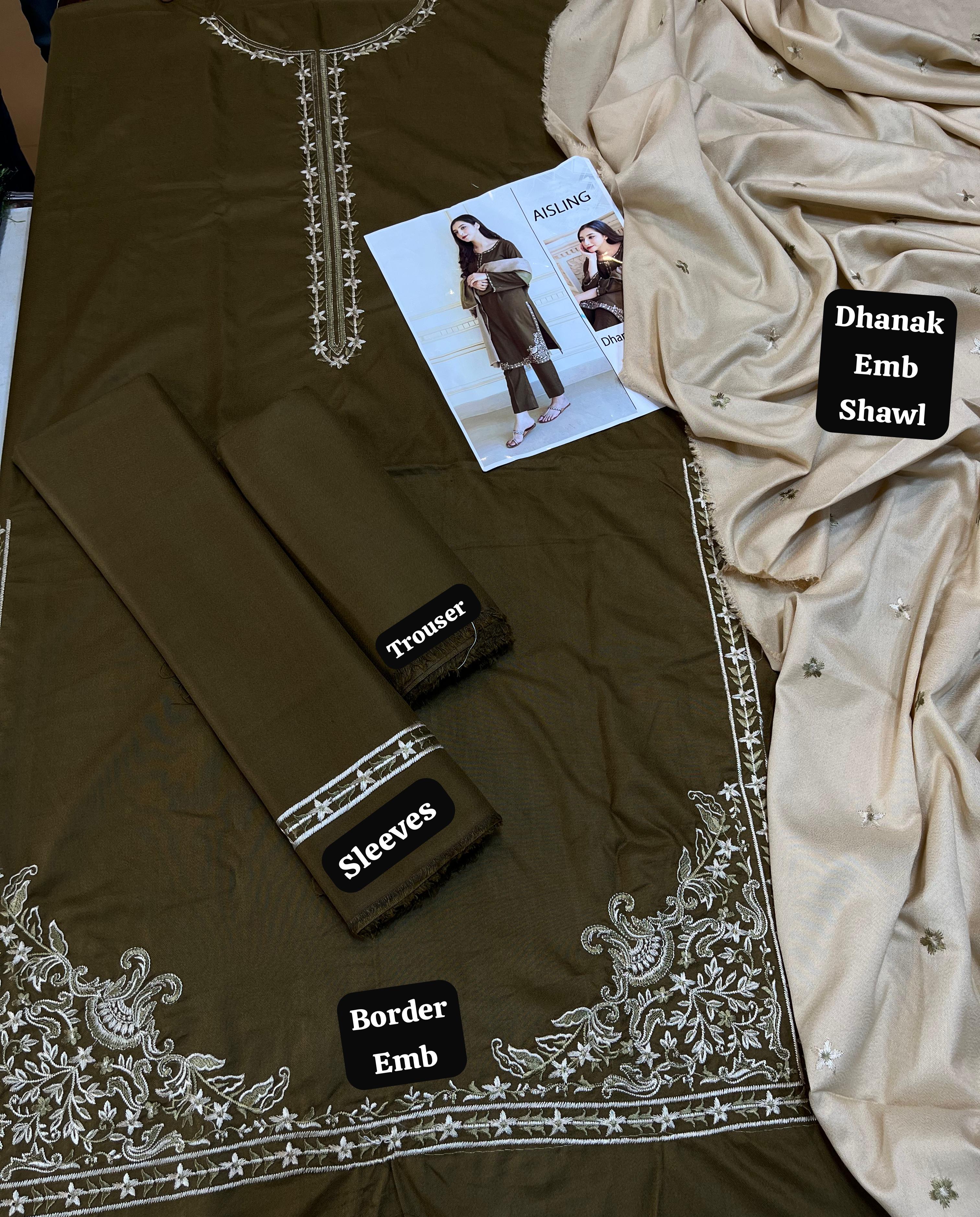 Dhanak embroidered unstitched 3 piece dress