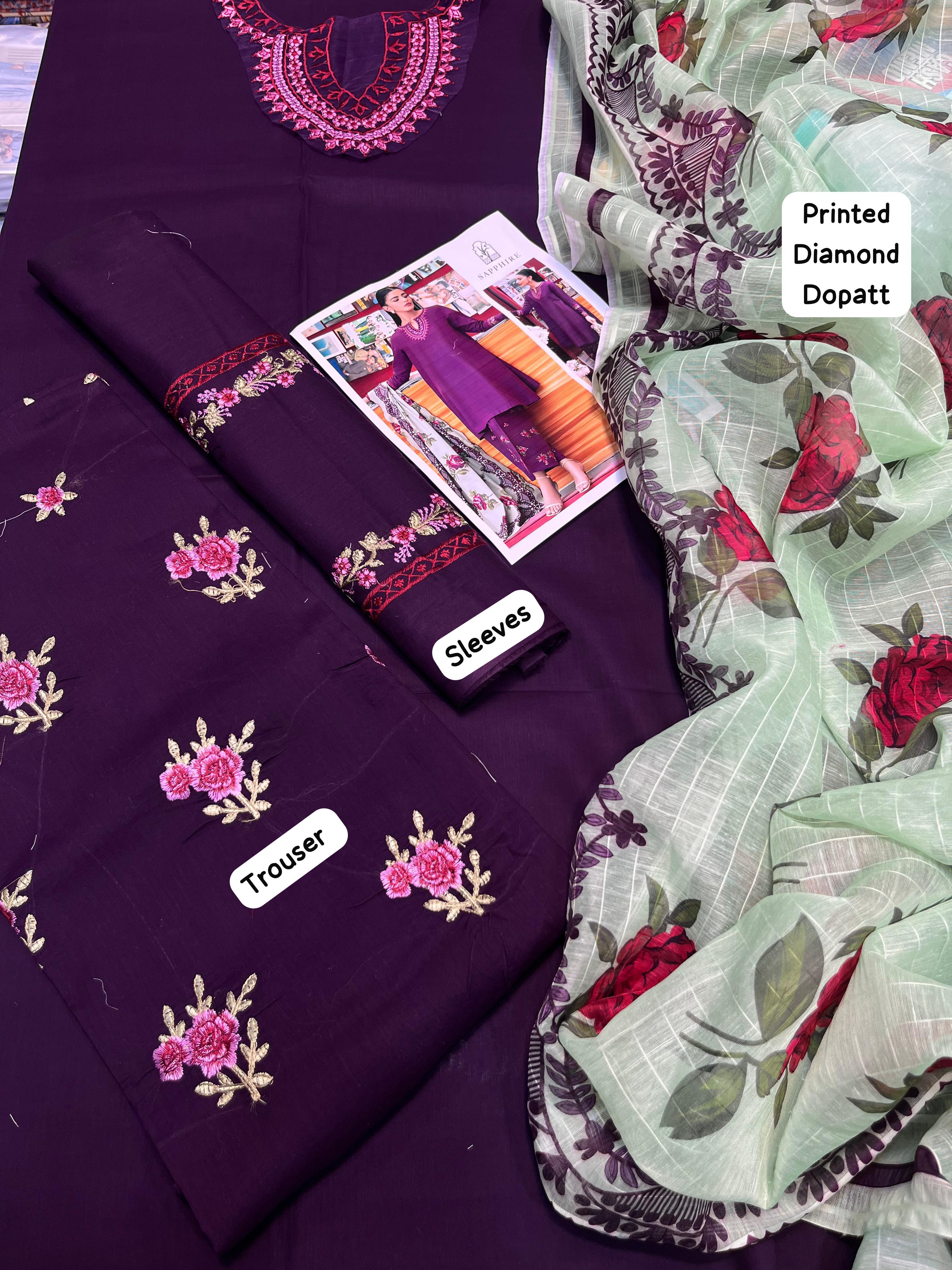 Lawn embroidered unstitched 3 piece dress