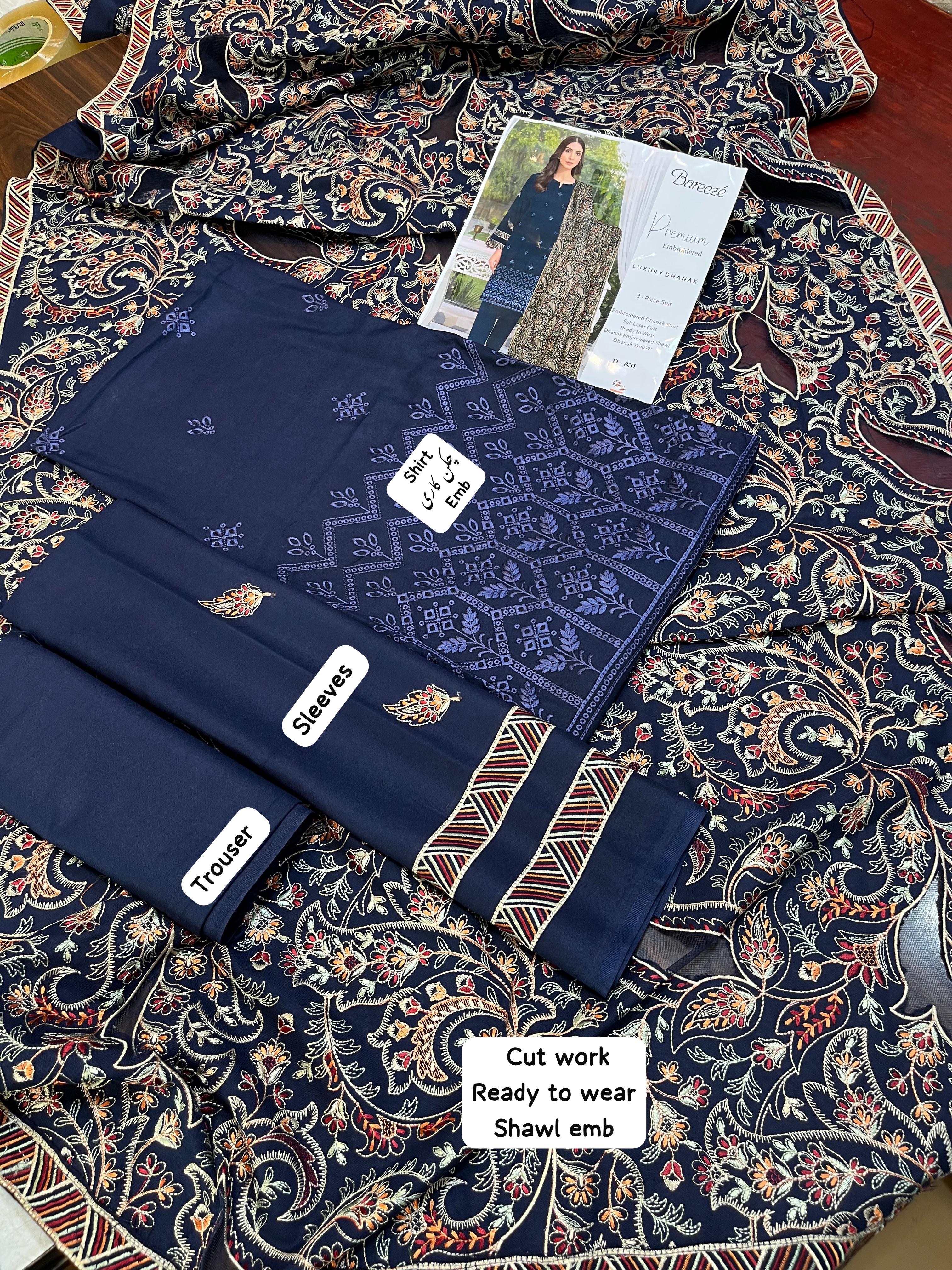 Dhanak embroidered unstitched 3 piece dress