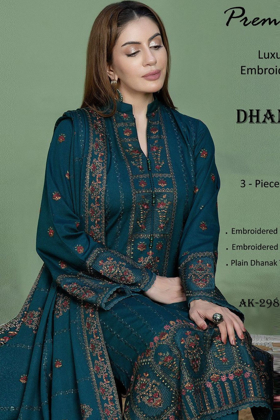 Dhanak embroidered unstitched 3 piece dress