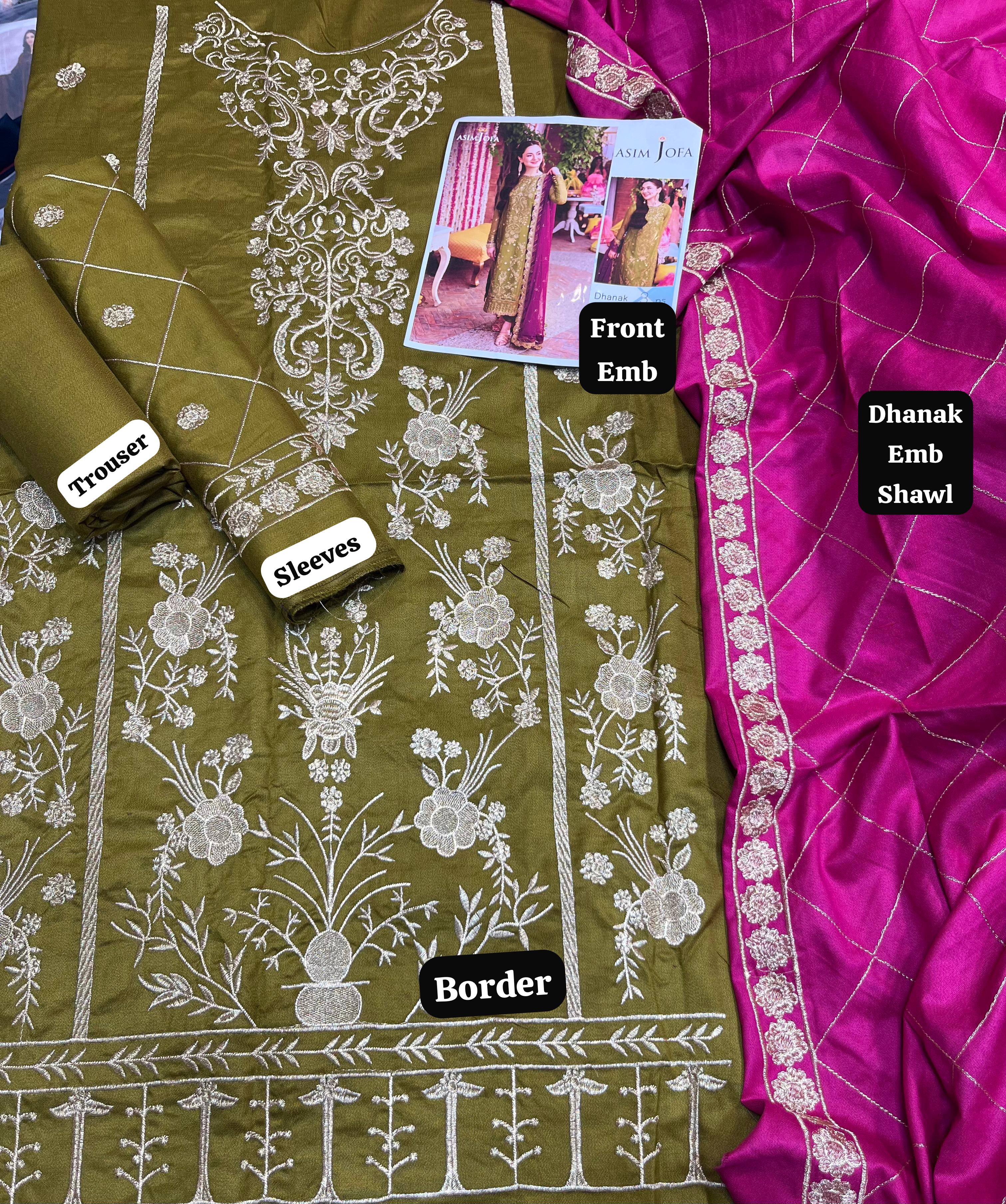 Dhanak embroidered unstitched 3 piece dress