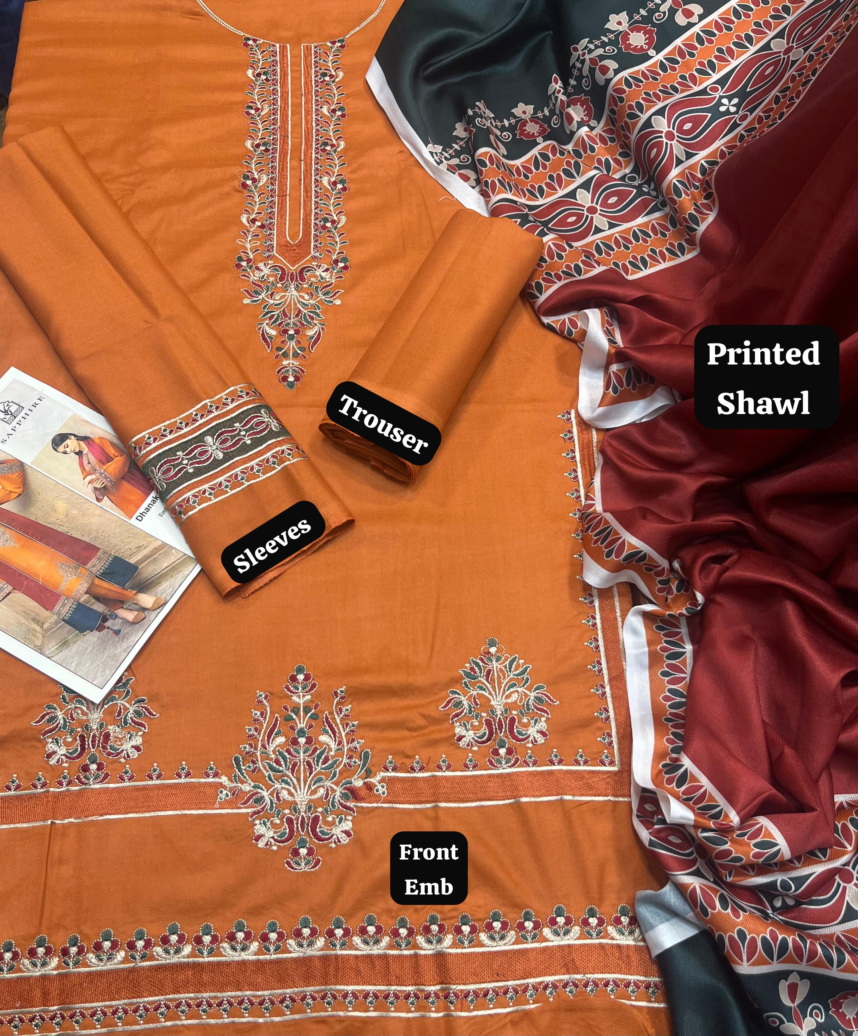 Dhanak embroidered unstitched 3 piece dress