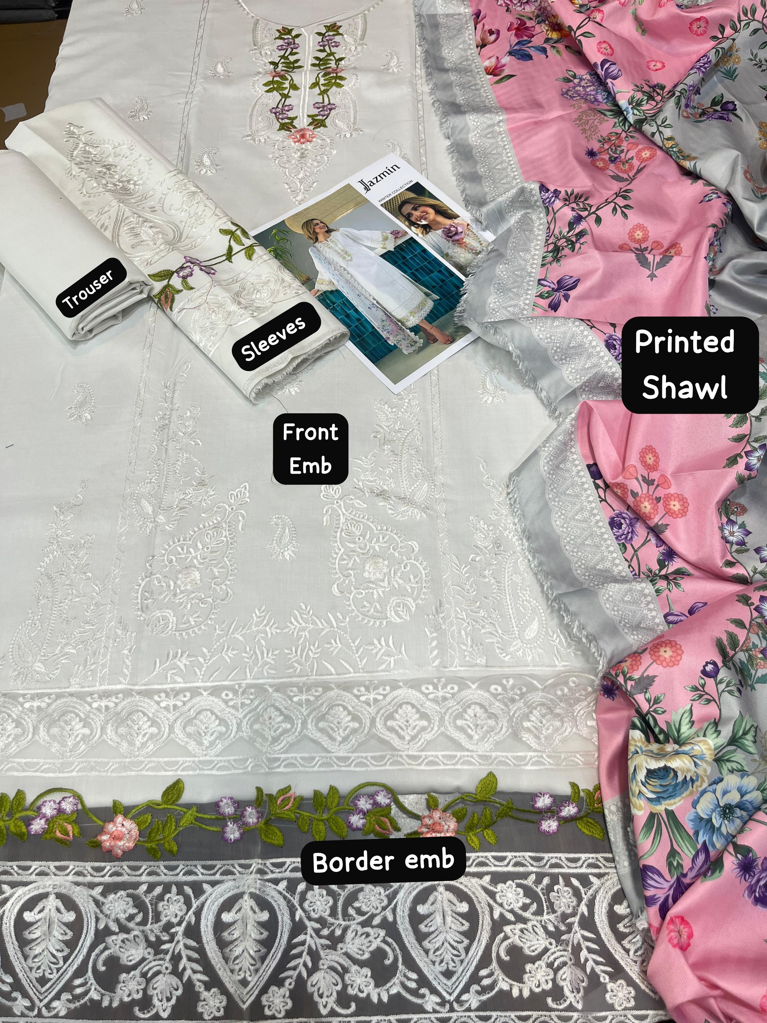 Dhanak embroidered unstitched 3 piece dress