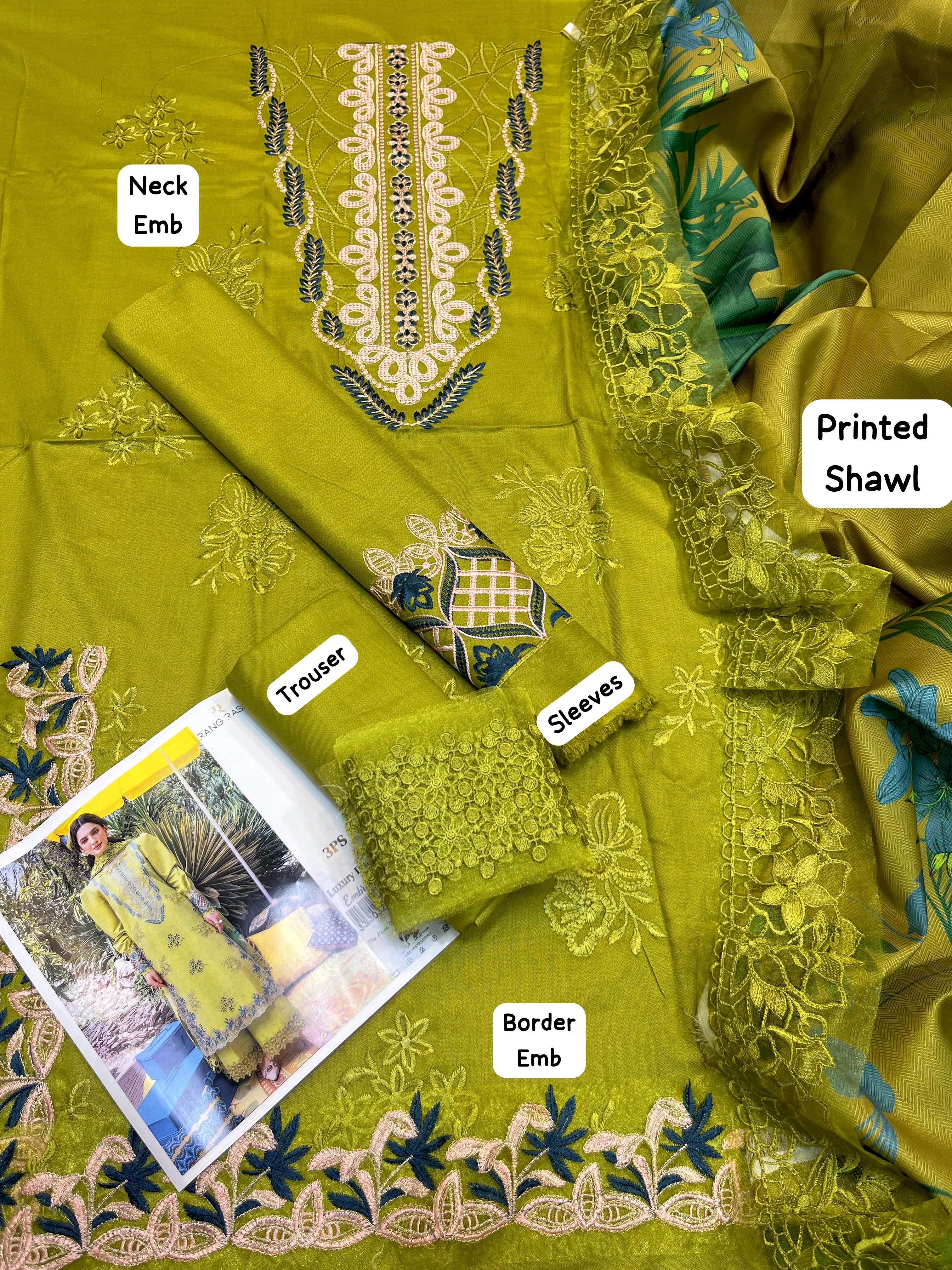 Dhanak embroidered unstitched 3 piece dress