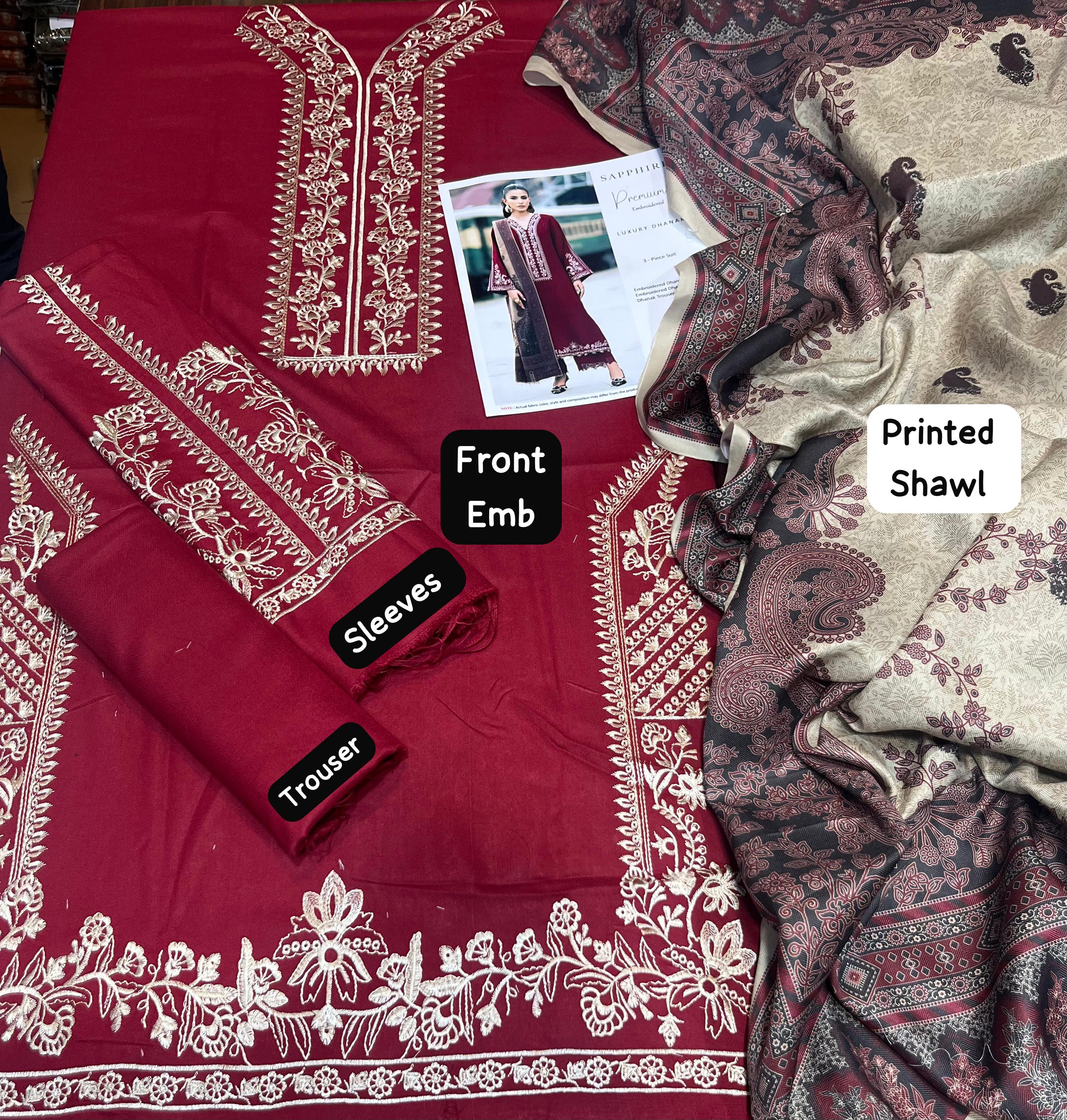 Dhanak embroidered unstitched 3 piece dress